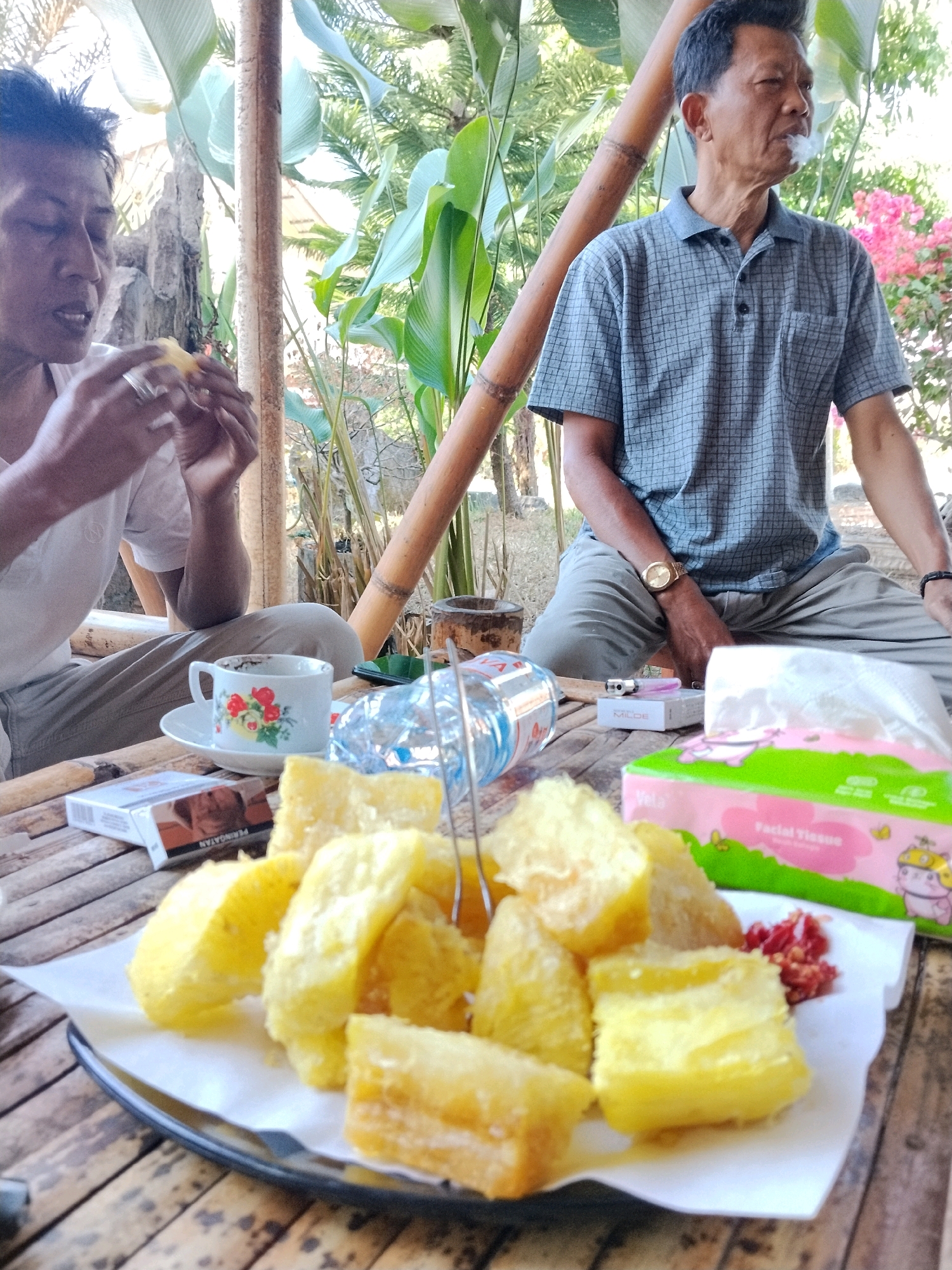 The image depicts an outdoor scene, likely a casual dining or relaxation area, with two men present. The setting is furnished with bamboo structures and appears to be in a tropical or subtropical environment, given the lush foliage in the background. One man, on the left, is wearing a white t-shirt and is actively eating, holding a piece of food in his hands. The other man, on the right, is wearing a checkered blue polo shirt and is smoking a cigarette, with smoke visible around his face.
On a wooden table in the foreground, various objects are laid out. These include a plate of fried food, possibly cassava or a similar root vegetable, arranged on white paper. A cigarette pack, a lighter, a cup with a floral design filled with a red beverage, and a bottle of water are also visible on the table. A box of facial tissues with cartoon characters is situated towards the right side of the frame. The table itself is made of bamboo slats. The overall impression is a relaxed, informal gathering.
While the prompt specifically requests information about the city of Pekalongan, Indonesia, the visual evidence within the image itself does not provide any direct identifiers to confirm this location. There are no visible landmarks, signs, or cultural elements that exclusively point to Pekalongan. The scene is generic enough to be found in many similar outdoor settings in tropical regions.