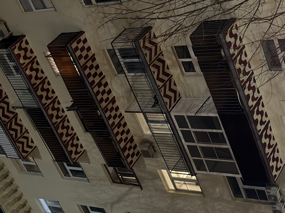 The image forensically details a section of an apartment building facade at night in Moscow, Russia. The multi-story structure features a light-toned exterior with distinct, open balconies on multiple levels, each equipped with dark metal railings. The undersides of these balconies are uniquely adorned with red patterns against a light background, displaying varied motifs including zig-zags, wave-like shapes, and checkerboards.
Several windows across the visible floors are illuminated, indicating interior light. Two black cats are present: one is perched on the railing of an open balcony on the third floor from the bottom, and another is visible on the floor of an open balcony directly above it on the fourth floor. The fifth-floor balcony above contains a warm light source, partially obscured by a reddish-brown wooden screen. Multiple air conditioning units are mounted on the building's exterior walls. A lower-floor balcony is enclosed with white-framed glass panels. Bare tree branches are visible on the right side of the frame, and shadows are cast across various parts of the building's facade from an external light source.