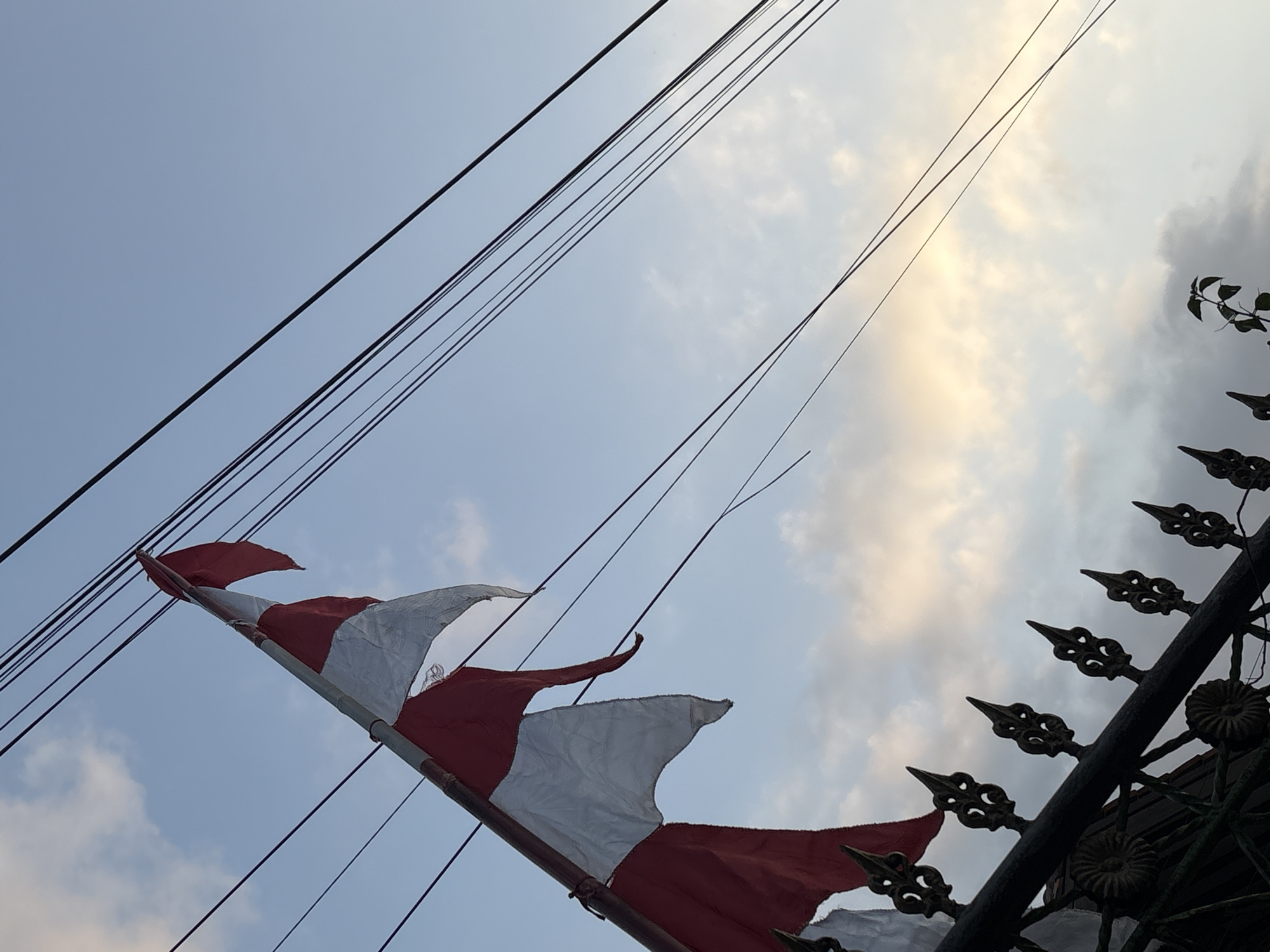 An Indonesian flag, appearing to be made of fabric and in a somewhat tattered condition, is affixed to a pole that extends diagonally upwards from the left side of the frame. The flag displays its characteristic red and white horizontal bands. Overhead, a network of dark electrical wires stretches across the sky, creating a stark visual contrast against the soft blue of the sky, which is lightly populated with wispy clouds tinged with the warm hues of either dawn or dusk. In the lower portion of the image, a dark metal fence with ornate, pointed finials runs horizontally, partially obscuring the view of what appears to be foliage or ground cover beneath it. The scene is indicative of an outdoor setting within the city of Palimanan, Indonesia, likely captured during the early morning or late evening given the lighting conditions.
