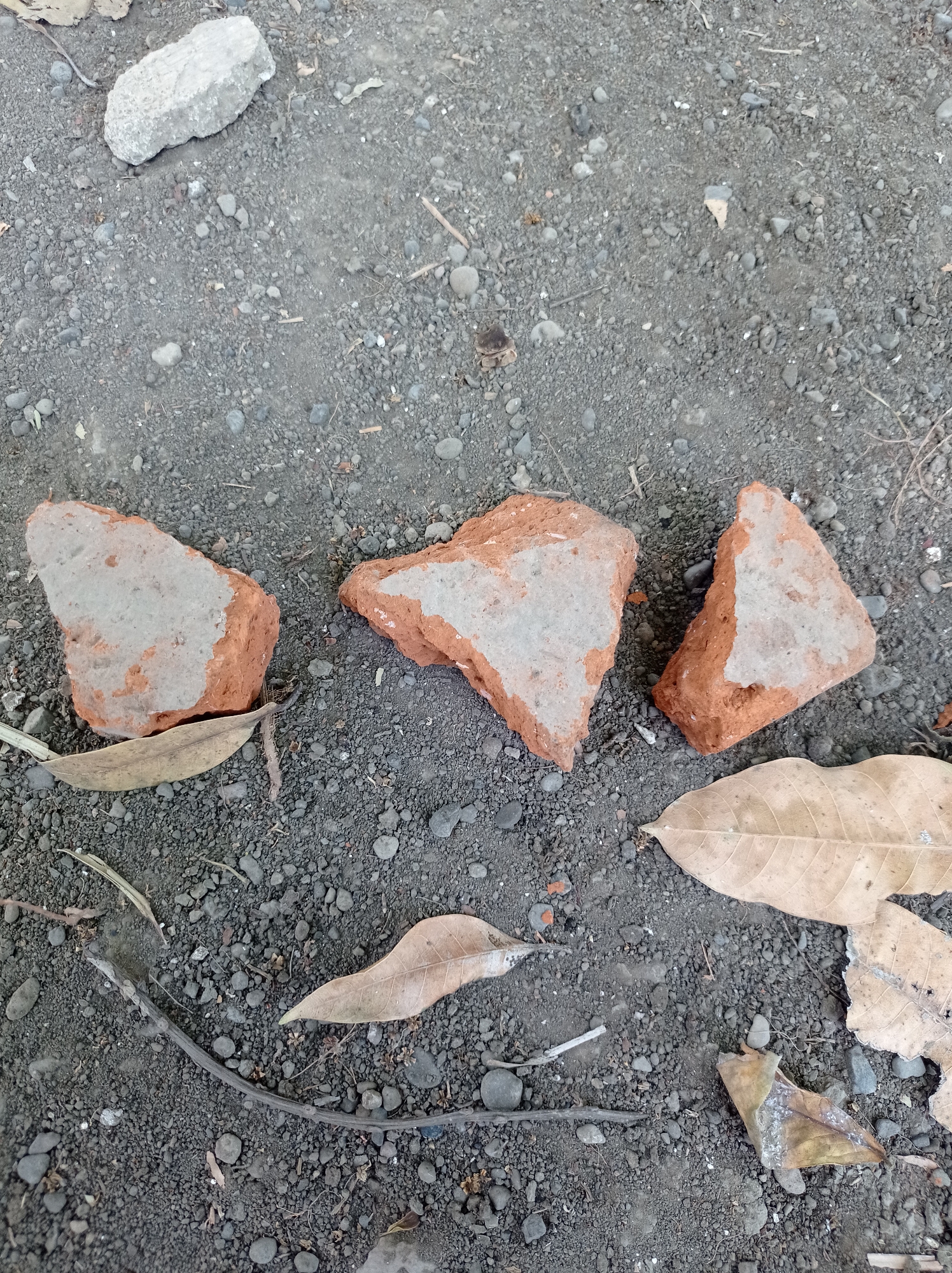 A close-up, high-angle shot shows three broken pieces of brick, their rough, reddish-brown exterior contrasting with a lighter, textured interior, scattered on dark, gravelly soil. The bricks are positioned from left to right, with the first piece slightly larger and more upright, the second piece in the center with a more pointed angle, and the third piece to the right, also angled. Between the bricks and in the foreground, several dried, tan-colored leaves are visible, their veins clearly defined. A thin, dark, twig-like object curves through the lower portion of the image, and other small stones and debris are interspersed within the soil. In the upper left corner, a single, lighter-colored, elongated stone is present. The overall scene suggests an outdoor environment in Mimbo, Indonesia, possibly a yard or pathway, characterized by natural detritus and broken construction materials. No people or animals are present.