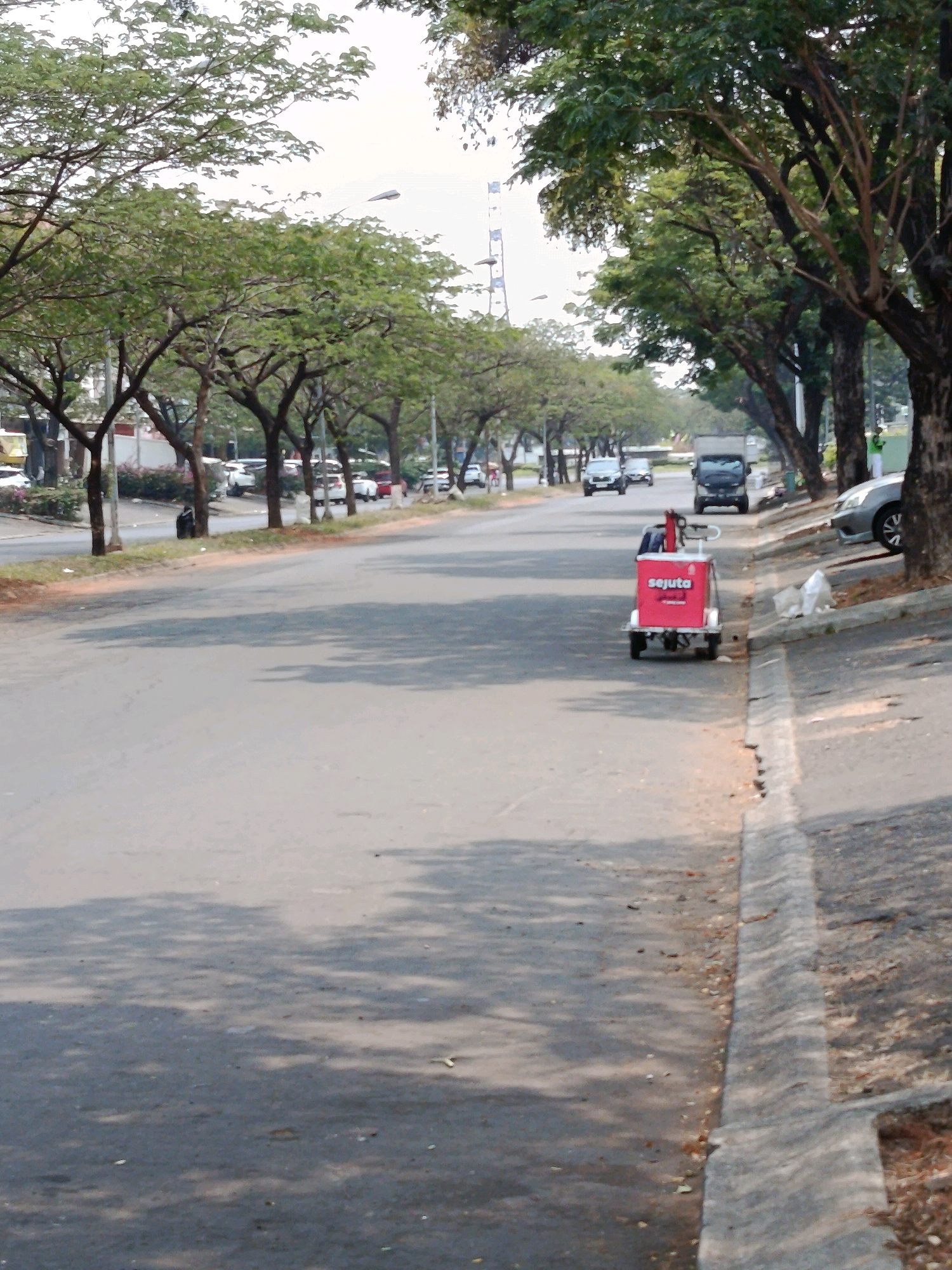 This image depicts a roadside scene in a city, likely in Indonesia, characterized by a tree-lined street and moderate traffic. The perspective is from the side of the road, looking down the street.
In the foreground, the asphalt road occupies a significant portion of the frame, with shadows of trees cast across it. The road appears to be a multi-lane street, with vehicles visible in the distance. A distinct concrete curb lines the right side of the road, separating it from a grassy and somewhat unkempt verge.
On the right side of the road, a small red and white motorized cart with the word "sejuta" written on its side is parked near the curb. Further down the road, a dark-colored truck is visible, and beyond that, several cars are parked or moving.
The left side of the road features a line of trees with dense green foliage, creating a canopy that extends over the street. Some buildings and other vehicles are visible behind these trees, suggesting an urban environment. In the far distance, a tall structure resembling a Ferris wheel or a tower can be seen against a hazy sky.
The overall impression is one of an everyday urban setting on a sunny day, with the presence of both vehicles and a motorized cart indicating activity. The natural elements of trees and shadows contrast with the man-made infrastructure of the road and vehicles. The condition of the verge suggests a less manicured area, possibly a common sight in some parts of Indonesian cities.