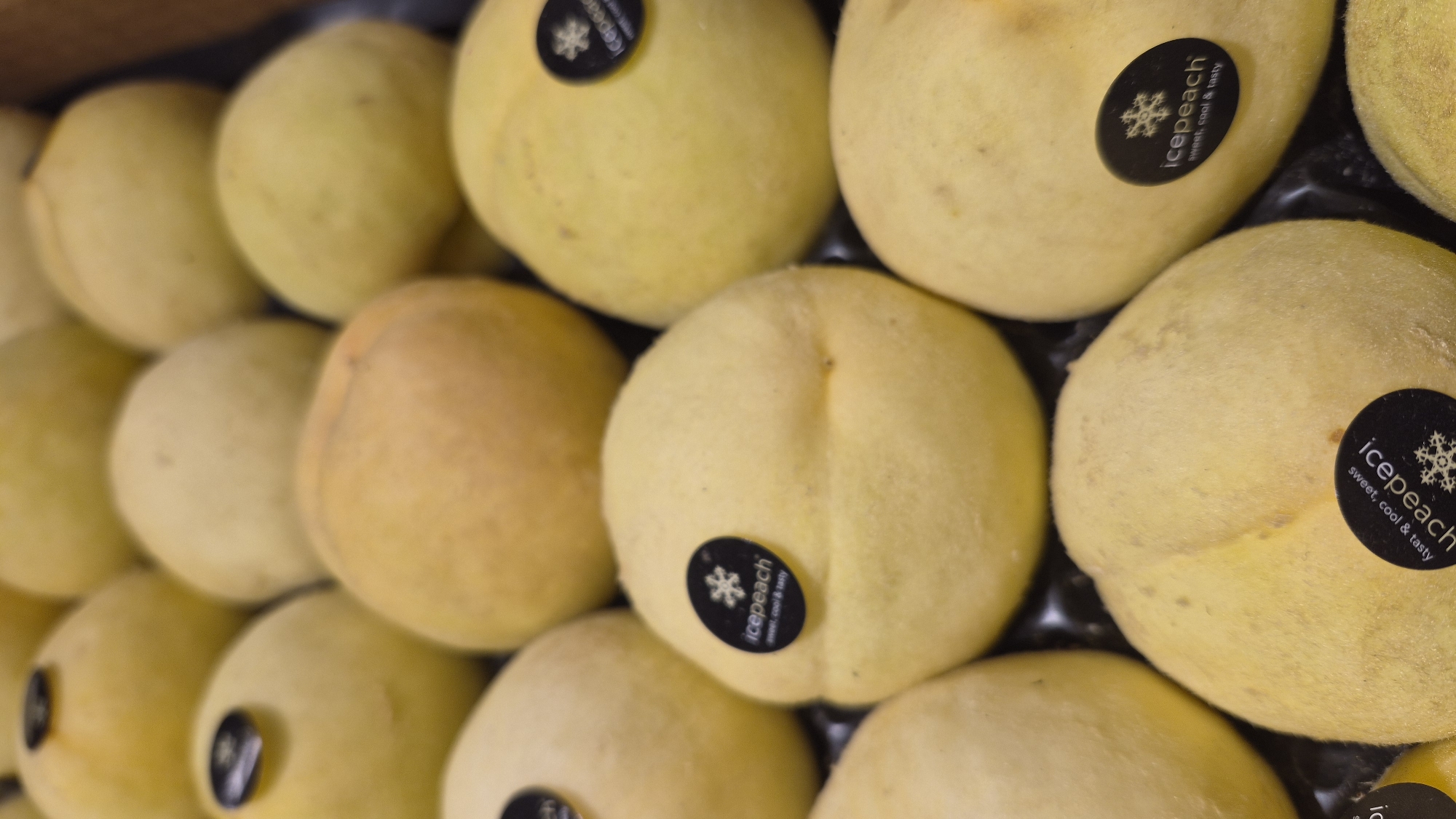 The image shows a close-up, overhead view of a tray of yellow peaches. The peaches are round and have a slightly fuzzy texture. Several of the peaches have black circular stickers with white text that reads "icepeach" and a snowflake graphic, along with the words "sweet, cool & tasty". The peaches are arranged in rows within a dark tray. The lighting is bright and evenly distributed, suggesting an indoor setting, likely a market or grocery store. The background is blurred, focusing attention on the fruit. There are no people or animals visible in the image. The scene is devoid of any recognizable landmarks or elements that would associate it with Līvāni, Latvia.