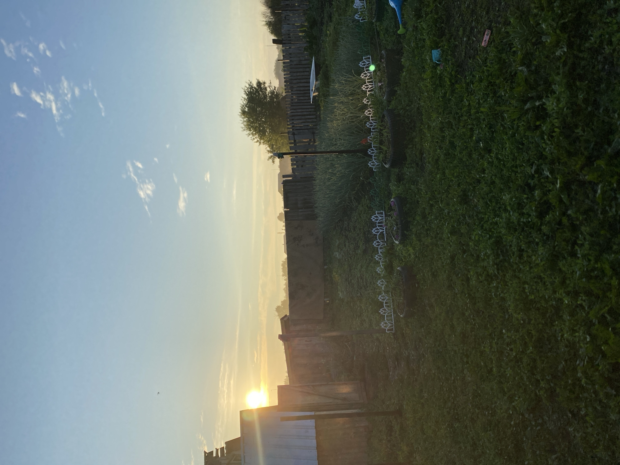 The image captures a rural backyard scene at sunrise in Chirsha-Tartysh, Russia. The sun is low on the horizon, casting a warm glow and lens flare across the frame. A white-sided structure, likely a shed or part of a house, stands to the left, partially obscuring the rising sun. A rustic wooden fence encloses the property, with a gate visible. The yard is covered in lush green grass, with several tire planters in the foreground, some of which appear to contain small plants. A metal pole stands in the middle of the yard, possibly a clothesline pole. In the background, a tree stands tall against the hazy sky. A white bathtub sits near the fence on the right side of the frame, and a blue watering can and a small toy are visible on the grass. The overall atmosphere is peaceful and serene, indicative of early morning in a rural setting.