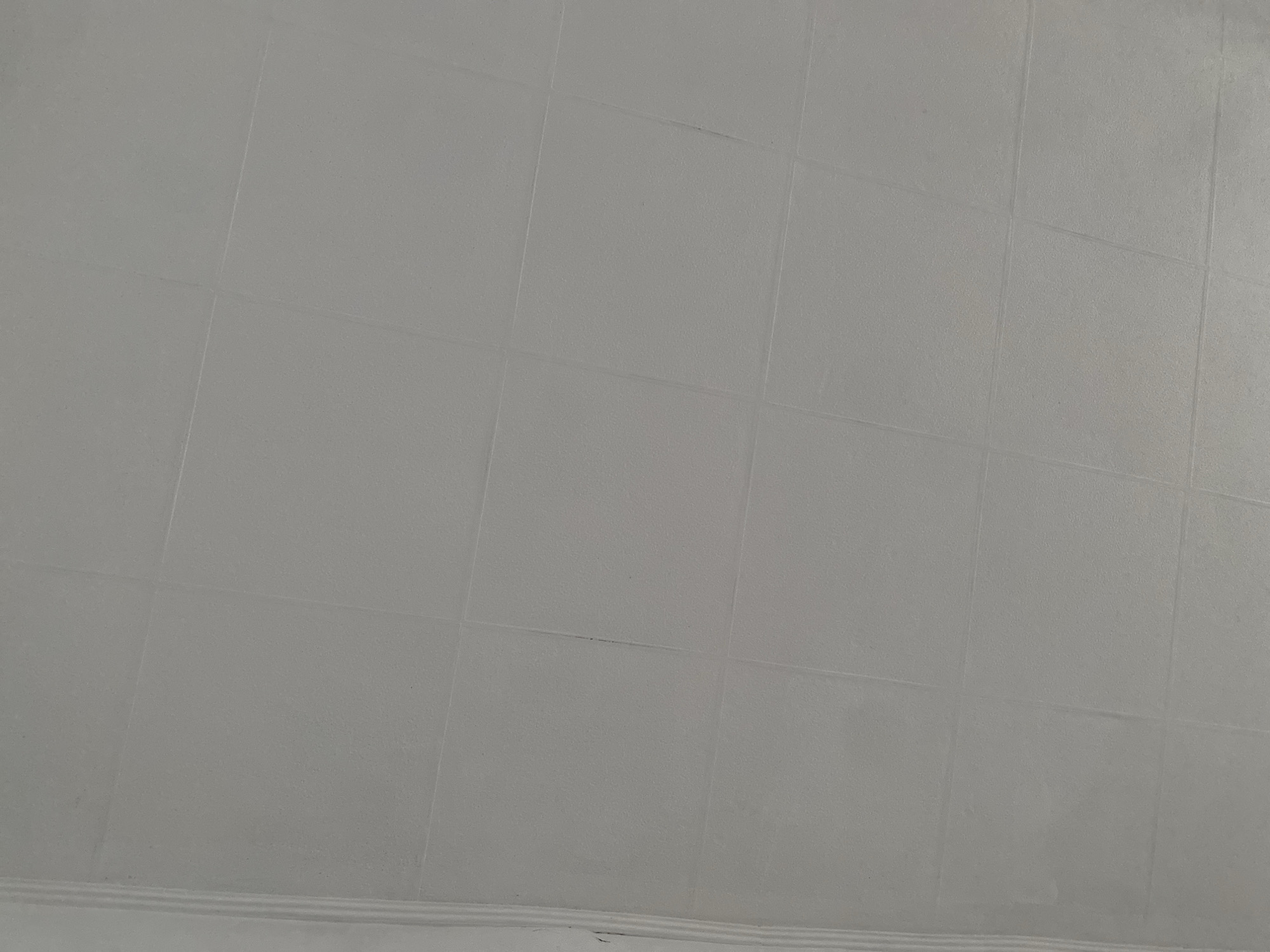 This is a close-up, eye-level, upward-facing shot of a textured, light gray tiled ceiling. The tiles are arranged in a grid pattern, with visible grout lines. The texture of the tiles appears to be slightly rough or stippled. There is a decorative trim element visible on the far left side of the image, featuring vertical parallel lines. The overall lighting is soft and even, with no strong shadows or highlights. The image captures a section of an indoor ceiling, likely in a residential or commercial space in Qaraoy, Kazakhstan, though no specific landmarks or context are provided to pinpoint the exact location within the city. There are no people or animals present in the image.