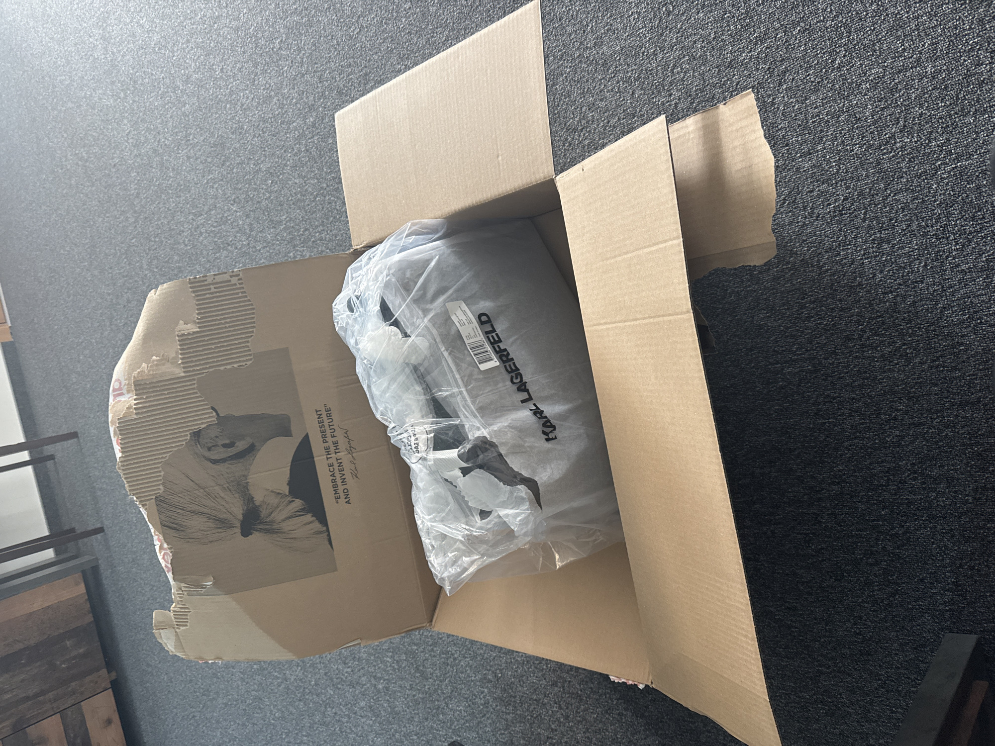 An overhead, slightly angled shot captures an open cardboard box resting on a dark grey, textured carpeted floor. Inside the box, an item, likely clothing or a soft good, is encased in clear plastic packaging. A white label on the plastic clearly displays "KARL LAGERFELD" in black text, positioned sideways and upside down, along with a barcode and other small, illegible text.
One of the box's inner flaps, located on the left, is noticeably torn and crinkled, exposing the corrugated cardboard layers. This flap features a black and white illustration depicting a person's profile with flowing hair. Adjacent to the illustration, the quote "EMBRACE THE PRESENT AND INVENT THE FUTURE" is printed in black, followed by a signature, which appears to be that of Karl Lagerfeld.
The interior surfaces of the cardboard box are otherwise plain brown. Bright light from the upper left illuminates the scene, creating highlights on the plastic wrap. A portion of a furniture piece, featuring wooden and dark metallic elements, is visible in the bottom-left corner of the frame. The setting is an indoor space, characterized by the dark, short-pile carpet.
