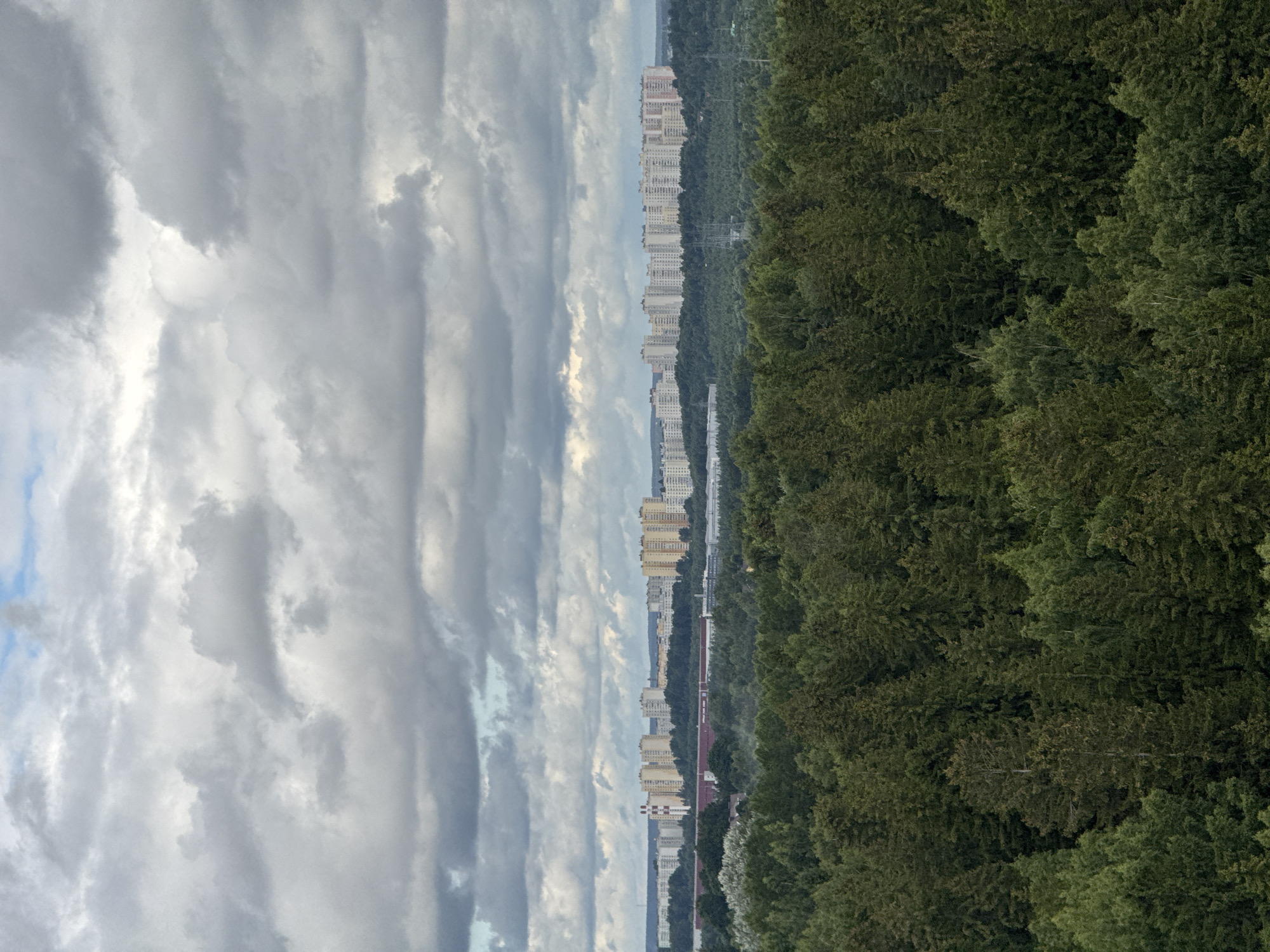 The image captures a panoramic view of the city of Pargolovo, Russia, under a cloudy sky. In the foreground, a dense forest of green trees dominates the scene, with varied shades and textures indicating different types of coniferous and deciduous trees. Beyond the forest, a mid-ground features a sprawling cityscape characterized by numerous apartment buildings. These buildings are mostly mid-rise, with light-colored facades, arranged in long rows that stretch across the horizon. Some industrial or commercial structures, appearing as longer, lower buildings, are interspersed within the cityscape. The background reveals more of the city's urban sprawl extending into the distance. The sky above is filled with heavy, gray clouds, with patches of lighter sky and some hints of blue peeking through, suggesting an overcast or transitional weather condition. The overall impression is one of a densely wooded area bordering a residential urban development.