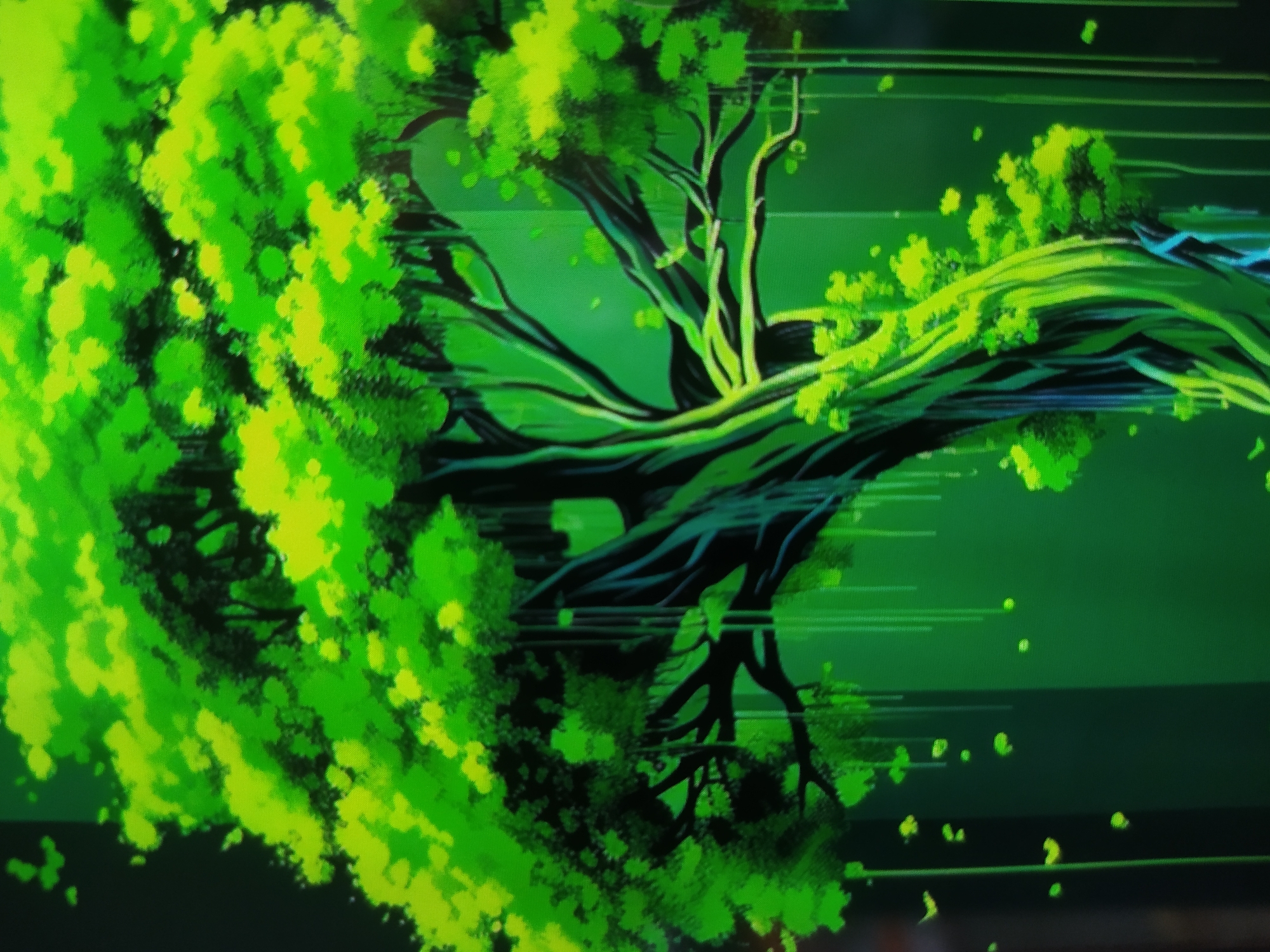 The image is a digital illustration of a stylized, vibrant green tree with dark, intricate branches and luminous, leafy foliage. Hanging vines or roots descend from the branches, and small, bright green leaves are scattered throughout the composition against a darker green background. The art style is reminiscent of anime or graphic novels, with bold lines and bright, saturated colors. There are no people or identifiable landmarks in the image. The scene is entirely abstract and fantastical. Therefore, it is impossible to provide any details about its location in the city of Tashkent, Uzbekistan, as the image does not depict any real-world setting.