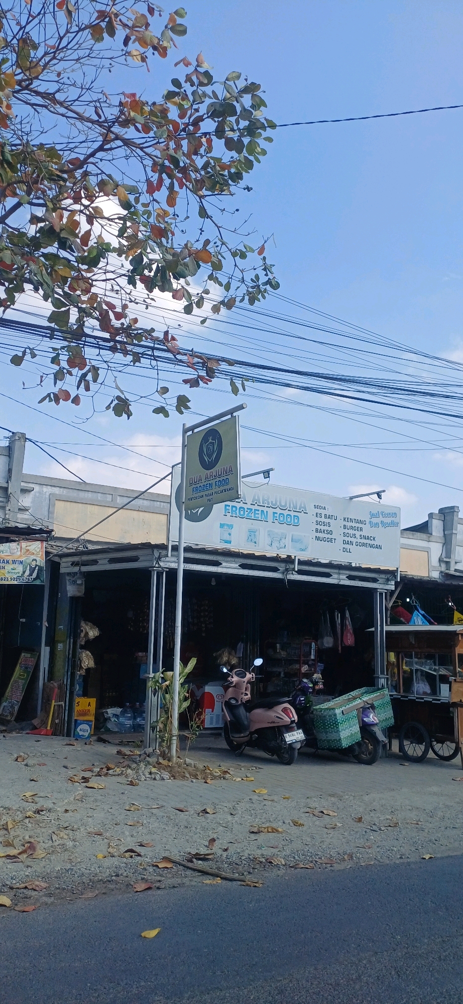 A vertical, eye-level shot captures a street view in Pucakwangi, Indonesia. A tree with autumn-colored leaves hangs from the upper left of the frame, its branches silhouetted against a clear blue sky dotted with thin clouds. Overhead, a tangle of black electrical wires crisscrosses the sky. Below the tree, a storefront displays a large, illuminated sign for "DUA ARJUNA FROZEN FOOD," which is also printed on a smaller signpost at the front of the shop. The shop itself appears to be an open-air market stall with merchandise visible inside. In front of the store, two motorbikes are parked on the paved walkway. One is pink and a lighter purple, while the other is dark purple and green, equipped with a large green basket. A street cart with large wheels is parked to the right of the motorbikes. Fallen leaves are scattered on the ground, indicating an outdoor setting. The overall impression is a snapshot of a commercial area in a tropical climate.