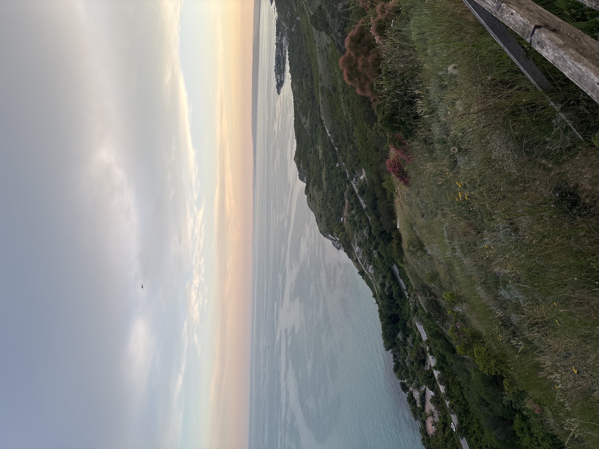 This image captures a serene coastal landscape in Topola, Bulgaria, likely during twilight or early morning. The vast expanse of the Black Sea occupies the left side of the frame, its waters a tranquil blend of turquoise and deeper blues, reflecting the soft hues of the sky. A gentle curve of the coastline is visible on the right, lined with lush greenery and scattered settlements that appear as clusters of buildings in the distance.
The foreground is dominated by a grassy hillside, overgrown with wild grasses, wildflowers, and some shrubbery. A rustic wooden fence, aged and weathered, runs along the bottom right edge of the image, suggesting a viewpoint or a designated pathway. The sky above is a canvas of muted pastels, with soft clouds tinged with pink and orange from the setting or rising sun. A lone bird can be seen soaring in the upper left quadrant of the sky. The overall atmosphere is one of peaceful natural beauty and quietude, characteristic of a coastal Bulgarian town.