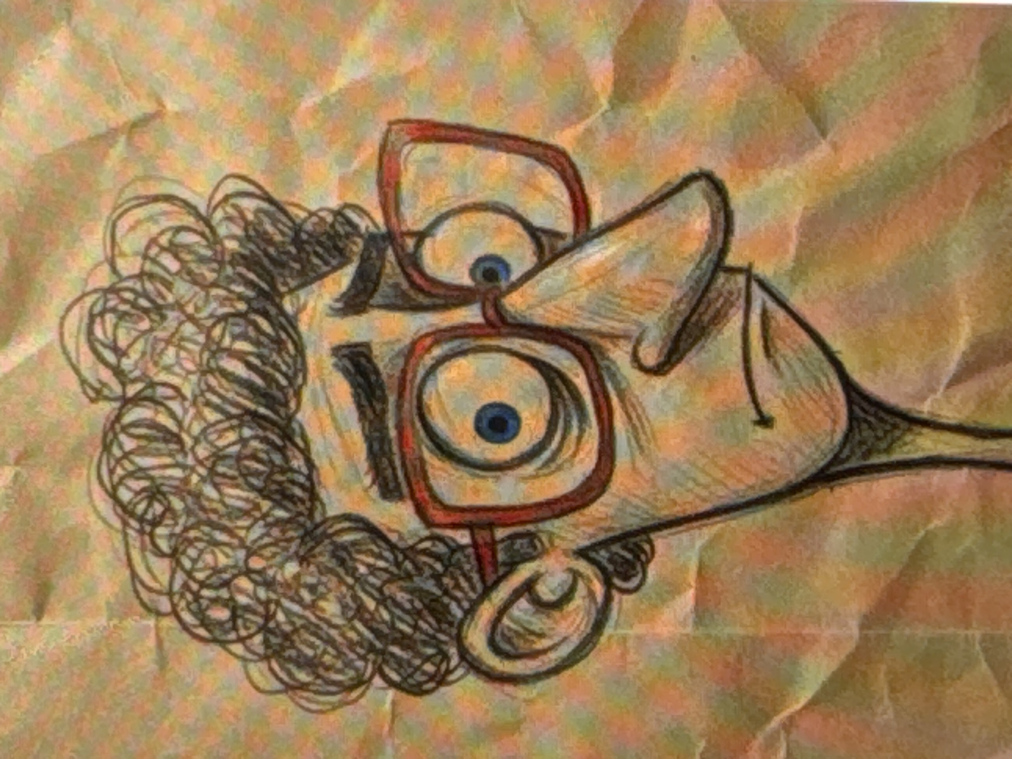 The image is a close-up, medium shot, full color illustration of a cartoon man's head and neck, rendered in a sketchy, cross-hatched style with watercolor or colored pencils. The subject is a man with curly, dark hair, thick-rimmed red glasses, large blue eyes with prominent pupils, a long, pointed nose, and a large ear on the left side of his face. He has furrowed eyebrows, giving him a worried or anxious expression. The background is a textured, crumpled paper with a gradient of orange, yellow, and light green hues, suggesting a background that is not a flat surface but has depth and folds. The lighting appears to be soft and diffused, highlighting the texture of the paper. There are no specific environmental details that would indicate a location within a city, nor are there any identifiable landmarks.