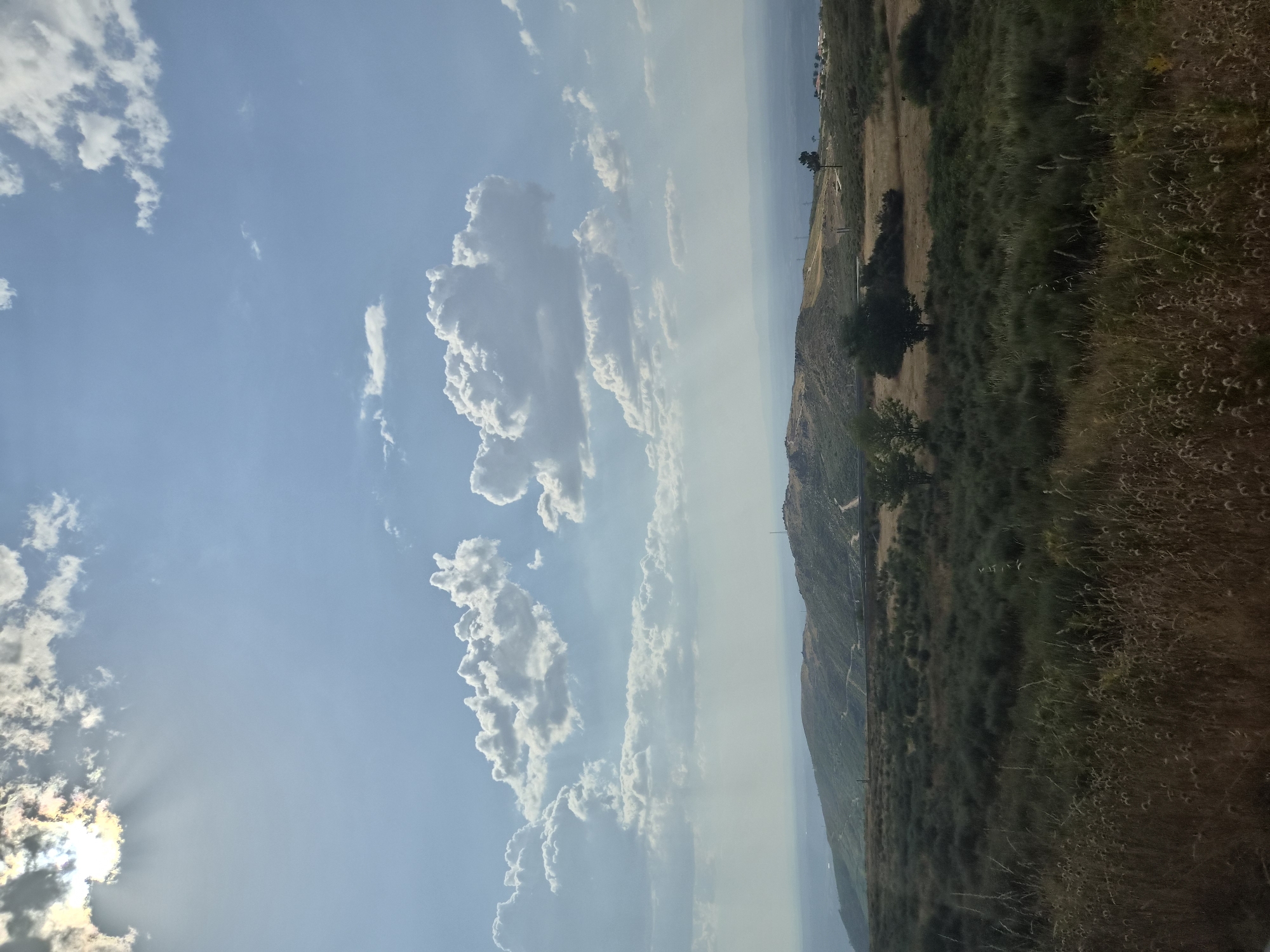 This is a vertical, full-shot photograph of a landscape in Seia, Portugal. The scene is dominated by a bright blue sky filled with fluffy white clouds, with the sun partially obscured by clouds in the upper left corner, casting rays of light. In the middle ground, a rolling hill covered in dry grass and sparse vegetation stretches across the frame. A road winds up the side of the hill, and a few scattered trees and buildings are visible on its slopes. The foreground consists of a dense field of dry, tall grass and shrubbery. The overall atmosphere is one of a sunny, rural day in the Portuguese countryside.