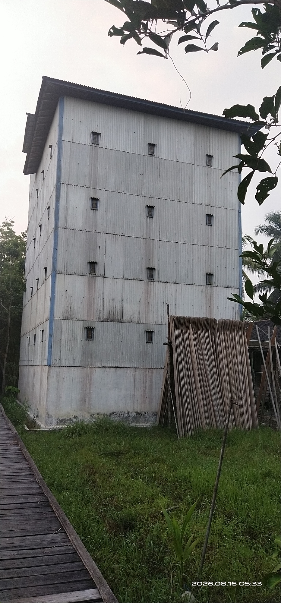The image shows a tall, multi-story building made of corrugated metal siding, painted white with a blue stripe around the middle levels. The building has numerous small, dark rectangular openings evenly spaced across its facade on each level, resembling ventilation or nesting boxes. The roof is dark and appears to be corrugated as well. In front of the building, to the right, is a leaning stack of thin, wooden planks or poles. To the left of the building, a weathered wooden walkway extends diagonally into the foreground. The ground around the building is covered in green grass, and some trees are visible behind the building on the left. The sky is overcast, suggesting it is either early morning or late afternoon. The timestamp "2026.08.16 05:33" is visible in the bottom right corner. The scene appears to be located in a rural or semi-rural area, possibly Muka Haji, Indonesia, given the vegetation and building style often associated with such locations. There are no people visible in the image.