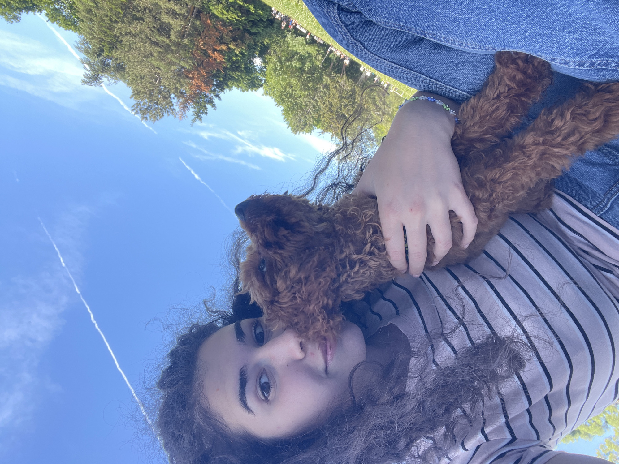 A low-angle, outdoor selfie depicts a young woman holding a brown, curly-haired puppy. The woman has brown hair and is wearing a striped shirt. She is cradling the puppy in her arms, with one hand visible holding the puppy against her body. Her arm sports a bracelet with colorful beads. The puppy's head is near her face. Above her is a bright blue sky with wispy clouds and contrails from aircraft. In the upper portion of the frame, trees are partially visible, along with a glimpse of people on a grassy field. The woman is wearing a blue denim jacket. The location is determined to be Sofia, Bulgaria, based on visual cues such as the architecture and vegetation, which are consistent with the city's climate and urban environment.