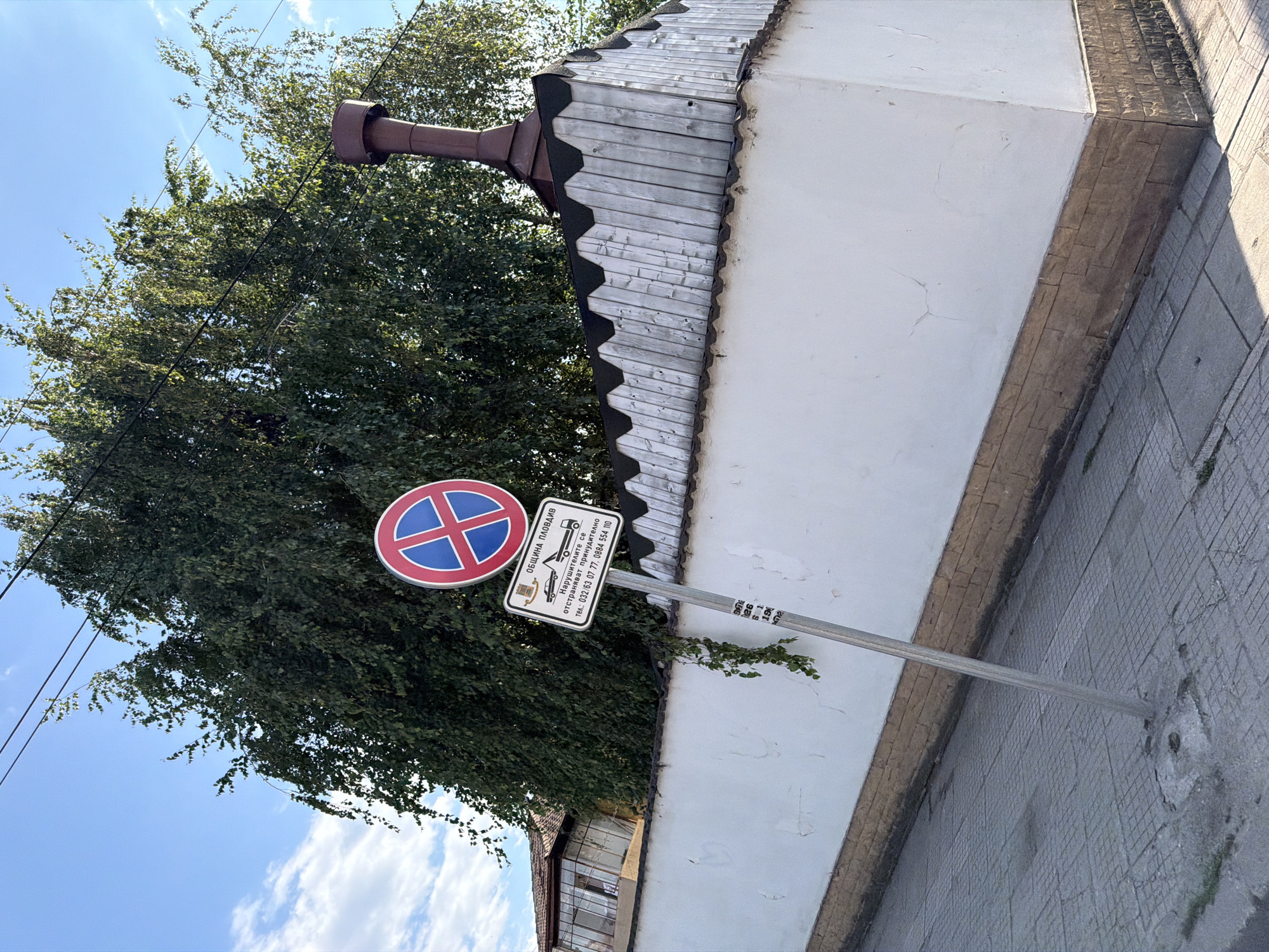 The image shows a street scene in Plovdiv, Bulgaria. A no parking sign with a red circle and a blue cross is mounted on a metal pole. Below it, a rectangular sign with an illustration of a tow truck and text in Bulgarian reads "Община Пловдив" (Municipality of Plovdiv) and "Нарушителите се отстраняват принудително" (Violators will be forcibly removed), followed by telephone numbers. The pole is planted on a tiled sidewalk next to a white plastered wall with a brick base. In the background, a dense green tree dominates the scene, with a brown, weathered wooden roof and a red chimney visible behind it. The sky is blue with some white clouds. The overall impression is a typical urban street with traffic regulations and local infrastructure.