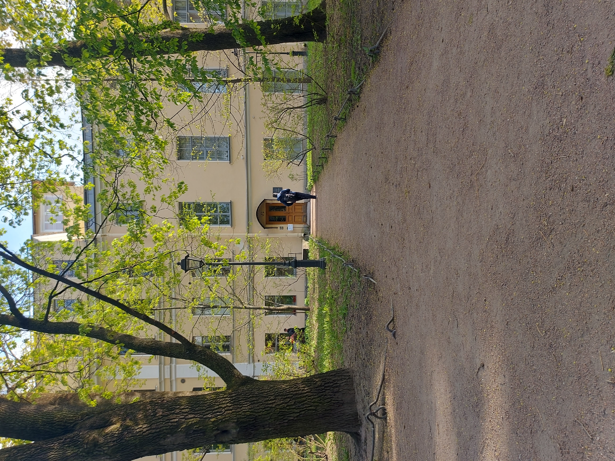 The image depicts a path in Saint Petersburg, Russia, leading towards a light-yellow, multi-story building. A figure is visible in front of the building's entrance. Trees line the path, with foliage partially obscuring the view of the building. The path itself is made of packed dirt or gravel. A lamppost stands between the path and the building. The scene appears to be in a park-like setting.