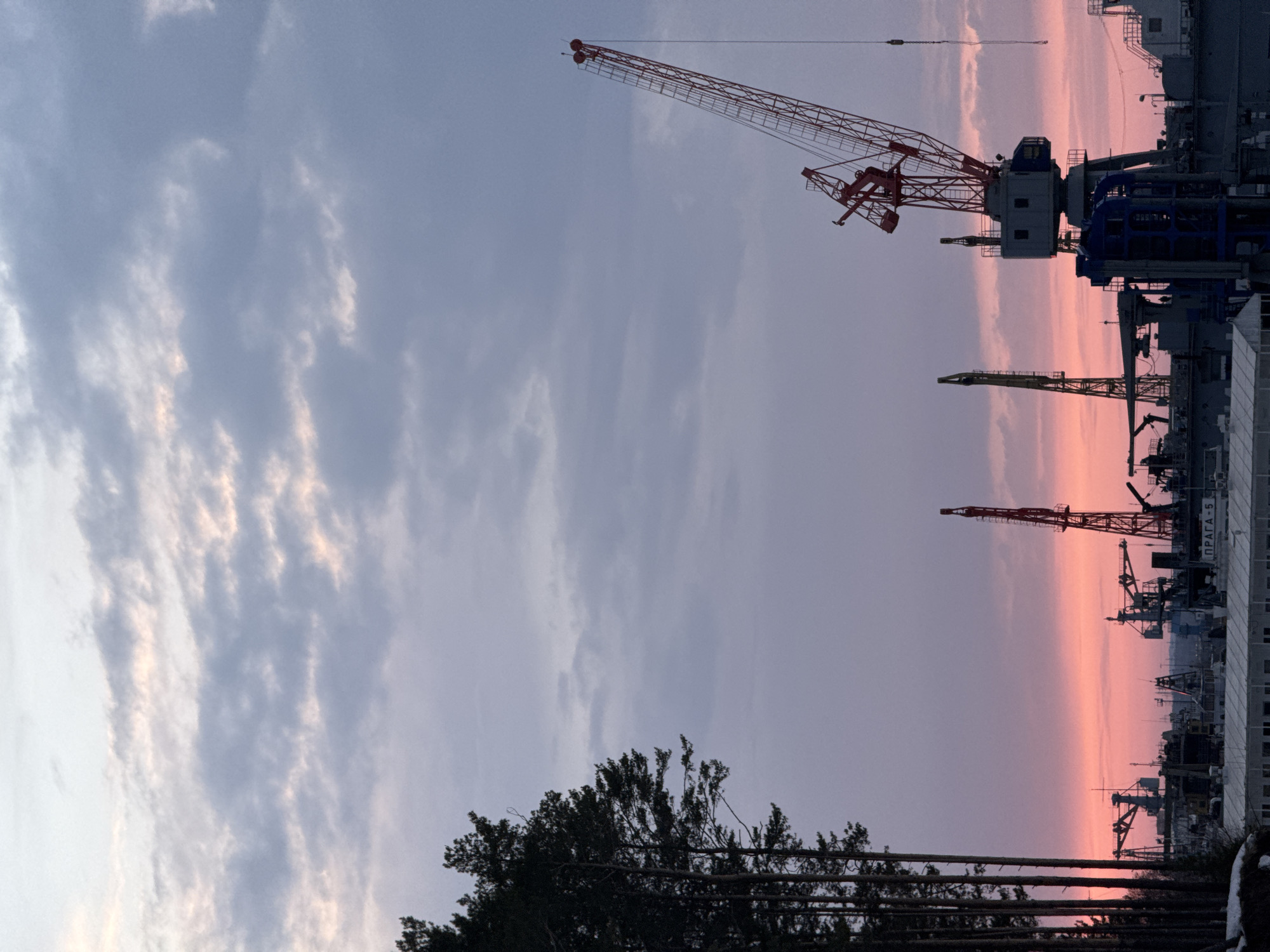 The image shows a twilight view of what appears to be a port or industrial area in Chaikovsky, Russia. The sky is filled with a mix of grey and pink hues, indicative of sunset or sunrise. Several construction cranes are visible, some of which are colored red and blue, dominating the skyline. Other smaller cranes and industrial equipment are also visible. In the foreground, there are trees, providing some ground-level context. The image is rotated 90 degrees clockwise. The text "ПРАГА-5" is visible on the building on the right side of the image.