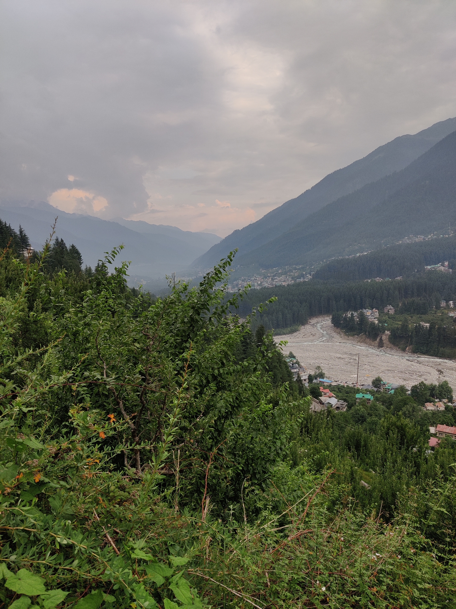 This media file captures a scenic mountain landscape in Vashisht, India. The scene is dominated by lush green foliage in the foreground, with a winding riverbed and a small settlement nestled in the valley below. In the background, a series of majestic mountains recede into the distance, shrouded in a soft haze. The sky is overcast with heavy, gray clouds, suggesting a temperate or possibly rainy climate.
The composition of the image suggests a viewpoint from a higher elevation, looking down onto the valley. The dense vegetation in the foreground, including leafy bushes and some small orange flowers, creates a natural frame for the wider vista. The riverbed appears wide and stony, with a thin stream of water flowing through it, hinting at recent rainfall or a seasonal river. The settlement consists of buildings with varied rooftops, interspersed with trees, indicating a rural or semi-urban area.
The overall mood of the image is serene and natural, with the subdued lighting due to the cloudy sky contributing to a somewhat dramatic or introspective atmosphere. The time of day is not precisely identifiable, but the soft, diffused light suggests it could be morning or late afternoon. There are no visible people or specific objects of note, allowing the natural environment to be the primary subject. The location cues, such as the mountainous terrain, dense forests, and the settlement style, are consistent with the provided location context of Vashisht, India. There is no visible text in the image.