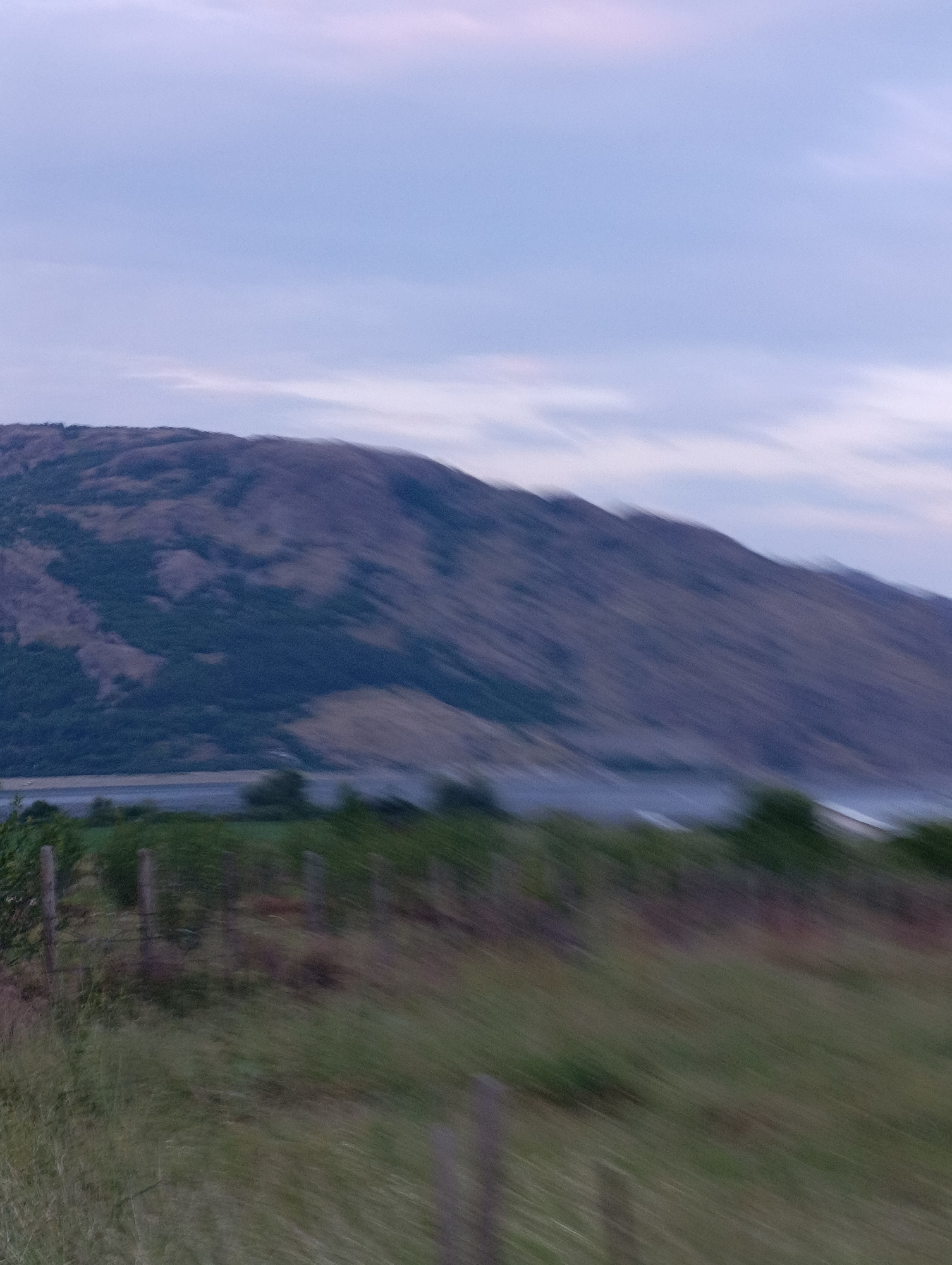 The image depicts a blurry, horizontal landscape scene with a large, textured hill dominating the upper half. The hill is a muted brown and green, with variations in color suggesting terrain features or vegetation. Below the hill, a faint line of trees or bushes is visible, and further down, a field of grass or vegetation is blurred and streaked, indicating motion. A few vertical wooden posts, possibly part of a fence, are also visible in the foreground, further blurred by movement. The sky is a pale blue with soft, indistinct clouds. The overall impression is one of a moving vehicle capturing a natural landscape at dusk or dawn, with Shiroko Pole, Bulgaria, being the specified location.