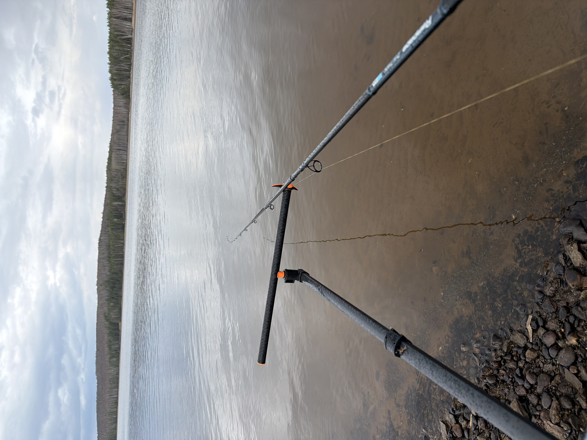 The image shows a fishing rod extended over a body of water, likely a lake or wide river, judging by the distant shoreline with a dense forest. The fishing rod has a dark-colored handle with orange accents and is rigged with line and guides. The water is murky or sediment-rich, appearing brownish. The foreground shows dark pebbles along the shoreline. The weather appears overcast. The image contains no identifiable individuals or specific actions beyond the implied act of fishing.
Without additional metadata, it's impossible to confirm the precise location is in Chaikovsky, Russia. This would require external knowledge or investigation.