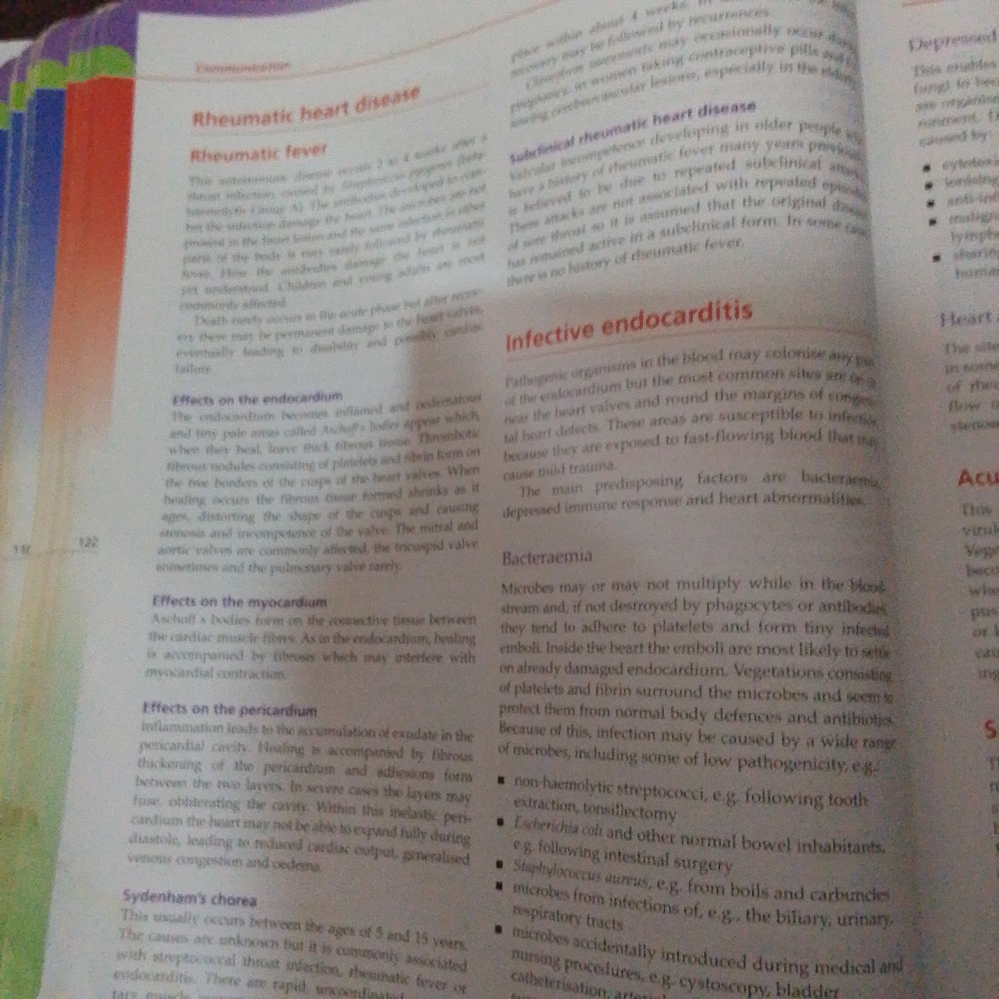 The image displays a page from a medical textbook or reference material, likely detailing various heart conditions. The content is divided into sections with clear headings such as "Rheumatic heart disease," "Rheumatic fever," "Subclinical rheumatic heart disease," "Infective endocarditis," and "Bacteraemia." There are also subsections like "Effects on the endocardium," "Effects on the myocardium," "Effects on the pericardium," and "Sydenham's chorea." The text explains the causes, symptoms, and consequences of these conditions. There are no people, subjects, objects, actions, interactions, or environmental elements depicted that would suggest a location in Jalingo, Nigeria. The scene is purely textual information presented on a page.