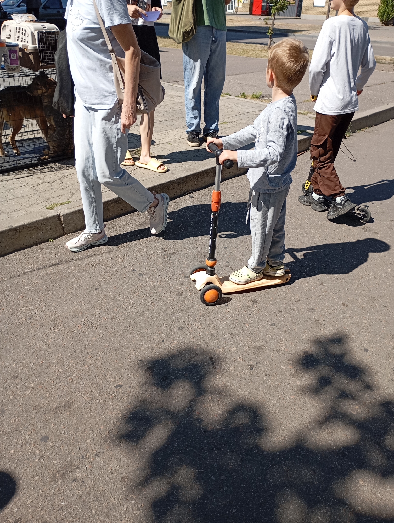 In Horishni Plavni, Ukraine, a young boy rides a scooter on a paved street. He wears a light grey long-sleeved shirt and grey sweatpants, with white and green Crocs on his feet. Behind him, another boy in a white long-sleeved shirt and brown cargo pants rides a scooter. To the left, a person in light blue jeans and a light blue shirt walks, carrying a grey shoulder bag. A dog is visible in a black cage to the far left, near a white pet carrier. The scene is illuminated by bright sunlight, casting shadows on the asphalt.