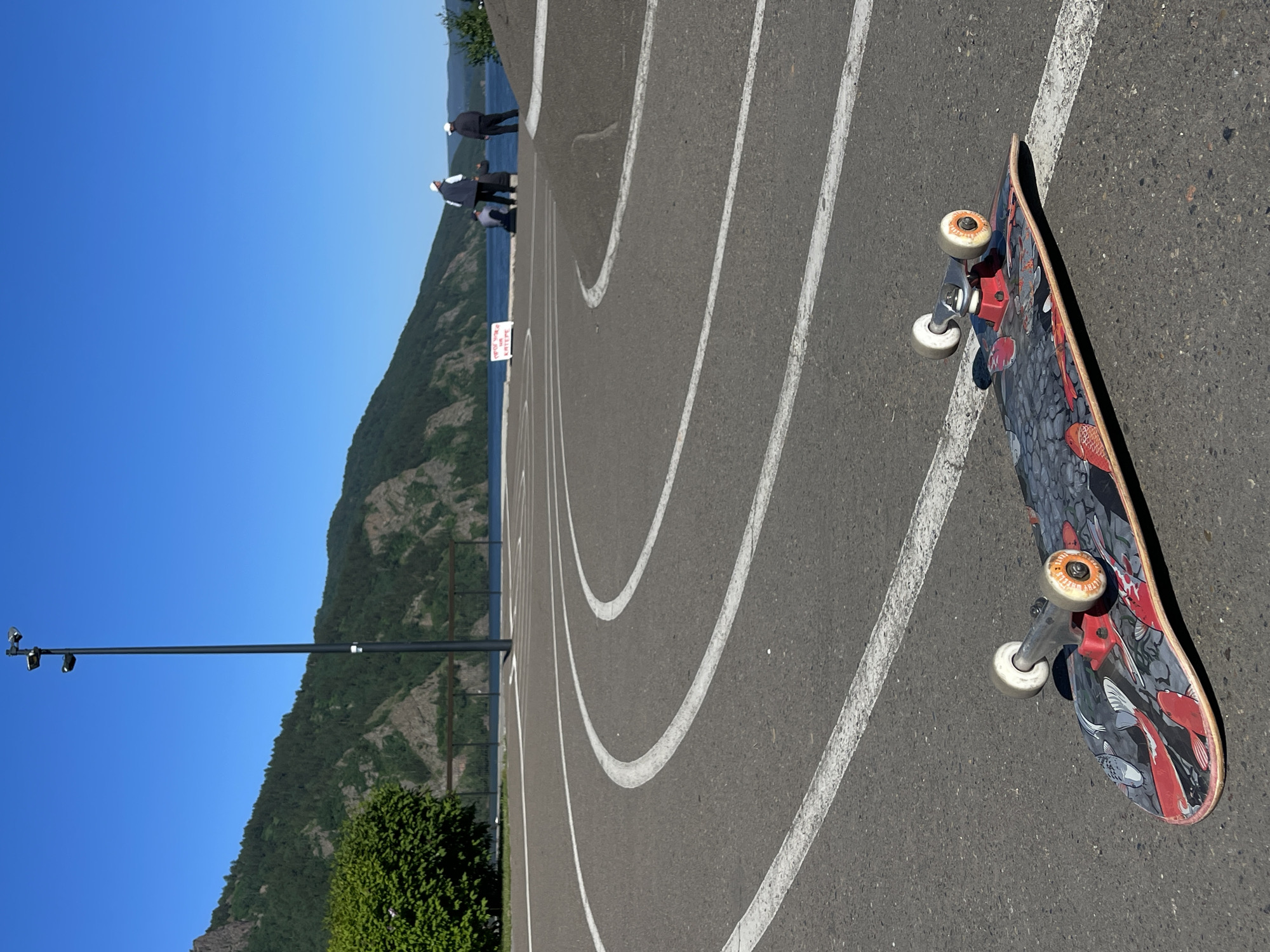 A skateboard with a red and gray fish design lies on an asphalt surface marked with white lines, possibly a track or path, in Divnogorsk, Russia. The background shows a body of water, a tree-covered mountain range, and a clear blue sky. A tall lamppost stands to the left. In the distance, several people are gathered near the water's edge.