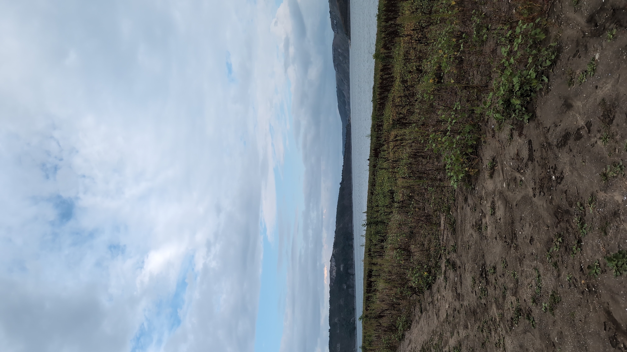The image captures a landscape scene in Kolodiivka, Ukraine, under a cloudy sky. The foreground features a dirt path leading to the left and is bordered by dry, tall grass and scattered green plants. Beyond this, a large body of water stretches across the middle ground, reflecting the overcast sky. In the distance, rolling hills covered in vegetation form the horizon, with a lighter colored area visible on one of the hilltops. The overall impression is one of a natural, serene environment.