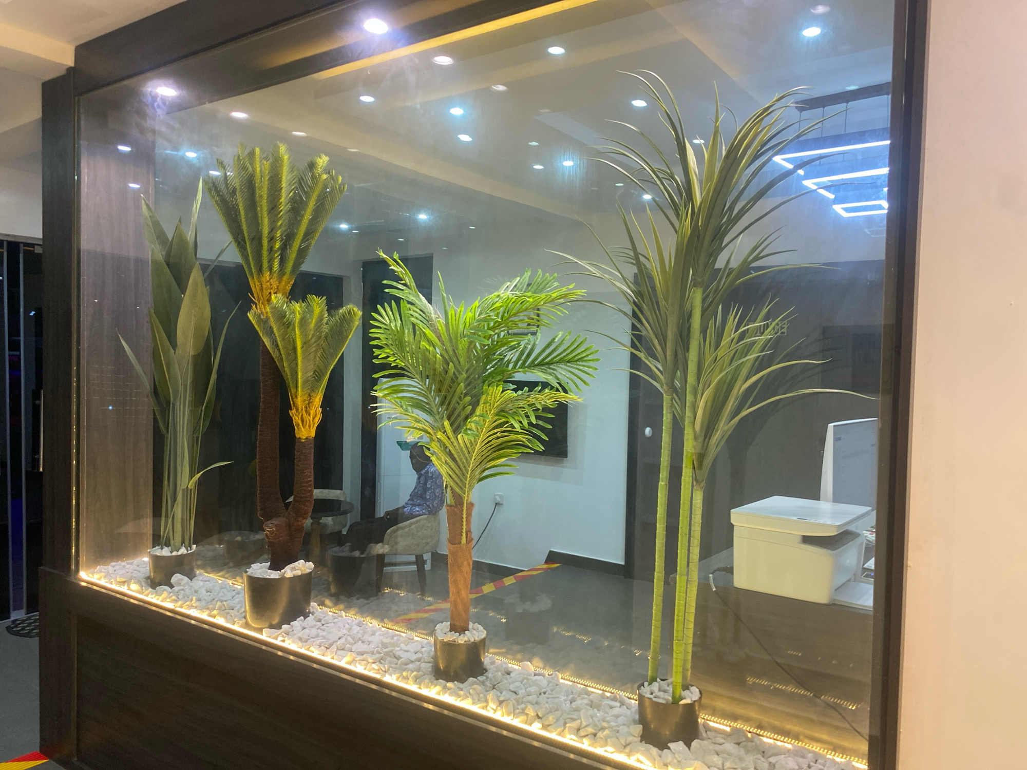 The image shows an indoor view of a reception area with a large glass partition. Inside the partition, several artificial palm trees are displayed in planters filled with white pebbles and illuminated by LED strip lights at the base. Behind the plants, a person in a blue patterned shirt is seated in a chair, partially visible. Further back, a desk with a computer monitor and a printer is visible. The reflection in the glass shows a ceiling with recessed lighting and a modern, geometric neon light fixture. The location is identified as the city of Barden Yana, Nigeria.