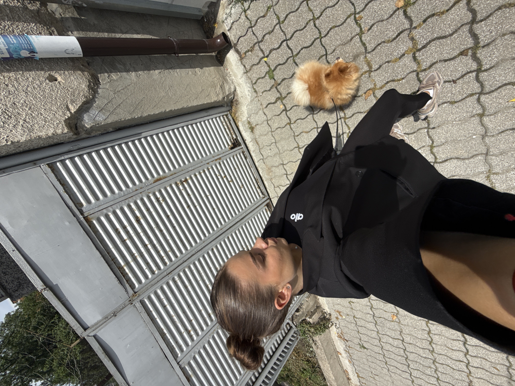 A ground-level, outdoor photograph features a person with a small dog in an urban setting.
The person, a female, is dressed in black leggings and a black jacket with the word "alo" displayed on the left shoulder. She has her brown hair pulled back in a bun. Her legs are in motion, suggesting she is walking.
To her upper right is a small, orange Pomeranian dog on a leash. The dog is positioned on gray paving stones.
On the left of the frame, there is a gray metal gate. Above the gate, a concrete curb and a brown pipe are visible.
The setting appears to be a sunny day in an urban environment.