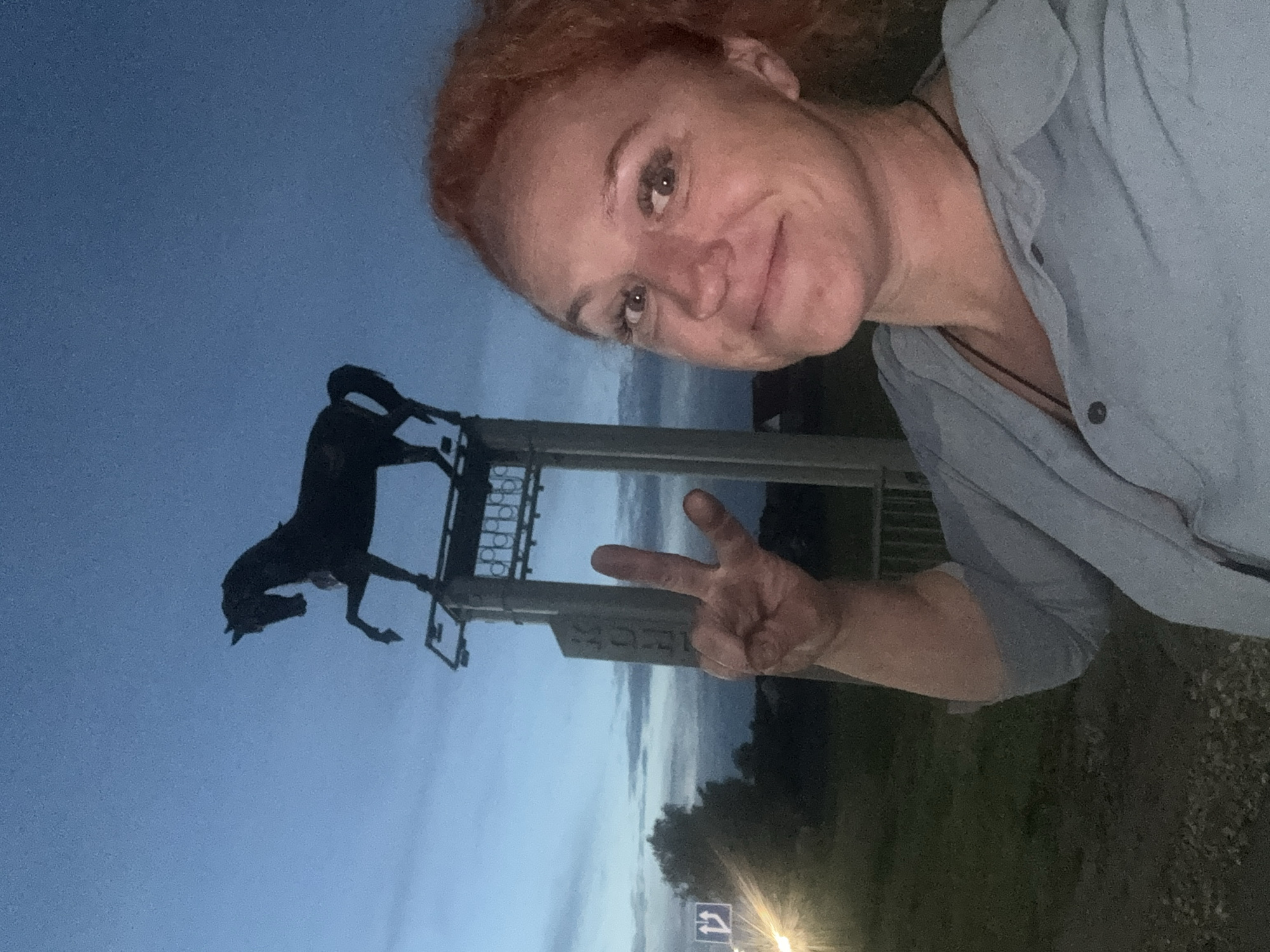 A woman with red hair is taking a selfie in front of a monument of a horse in Nikolskoye, Russia. The sky is twilight blue. The woman is wearing a light blue shirt and is holding up two fingers in a peace sign. The horse monument is dark and silhouetted against the sky. There is a road sign to the left of the monument. The ground is gravel.
