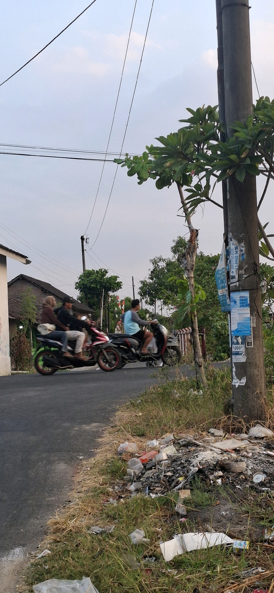 In Desa Dibal, Indonesia, on a road with asphalt paving, a scene unfolds with a prominent utility pole on the right, adorned with several posters. The pole is surrounded by vegetation, including a tree with green leaves and a thinner, partially broken trunk. On the left side of the road, a house with a tiled roof is visible. The road itself is occupied by two motorcycles. The first motorcycle, colored pink and black, carries three individuals: a person in the front wearing a black cap and jacket, a person in the middle wearing a brown hijab and shirt, and a person at the back wearing a white bag. They are moving from left to right. Following closely behind is a second motorcycle, black and red, carrying a single person wearing a blue t-shirt and black shorts, also traveling from left to right. The foreground is characterized by a ditch filled with various types of refuse, including plastic containers, paper, and other debris, interspersed with dry grass and some greener patches. The sky above is overcast, suggesting a cloudy day.