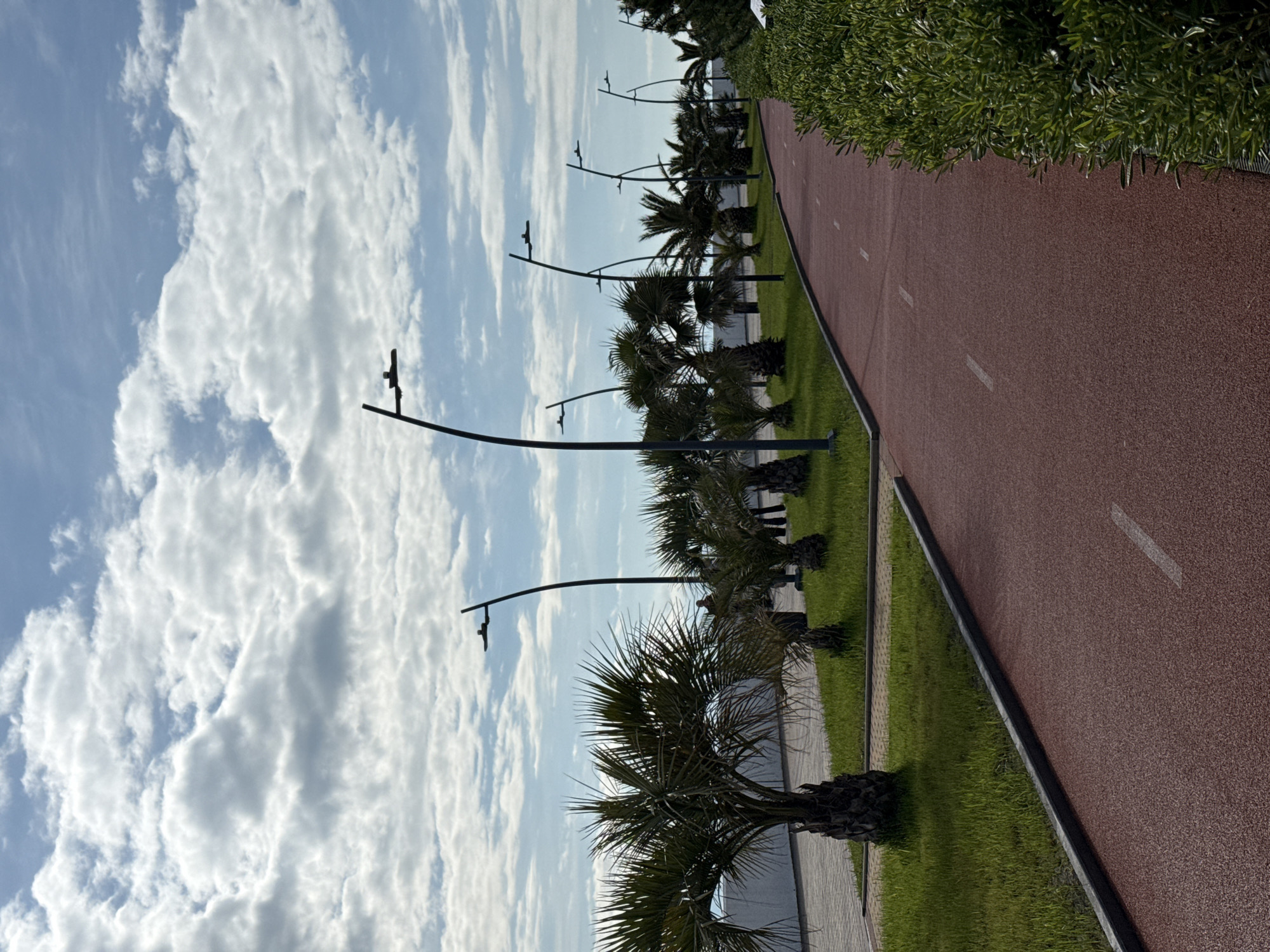 The image depicts a seaside promenade in the city of Sirius, Russia. A reddish-brown running track stretches along the right side of the frame, marked with dashed white lines. Adjacent to the track is a strip of green grass, bordered by small palm trees and modern streetlights. The sky, predominantly blue, is filled with scattered, fluffy white clouds. No people are visible in the scene.