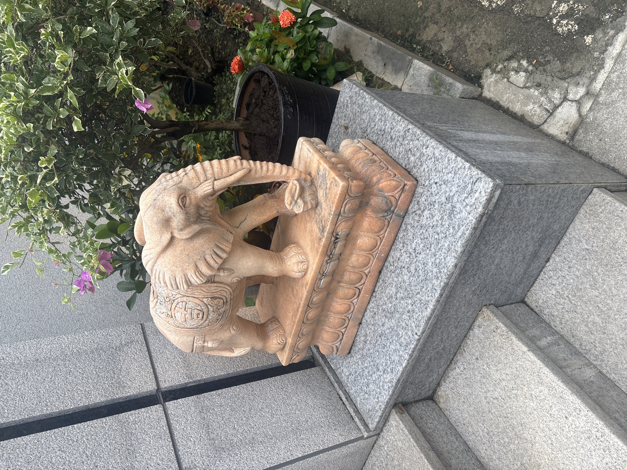 An ornate stone sculpture of an elephant stands on a tiered pedestal, which is placed on a grey granite surface beside a set of grey granite stairs. The elephant sculpture is a reddish-orange hue and features intricate carvings on its back and head. Behind the sculpture, a green tree with variegated leaves and small pink flowers is planted in a black pot. To the right of the tree, there are several small plants with bright orange flowers. The background consists of a textured grey wall. The scene appears to be an outdoor setting, possibly a garden or a public space in Nanhai District, China. There are no people or animals present in the image.