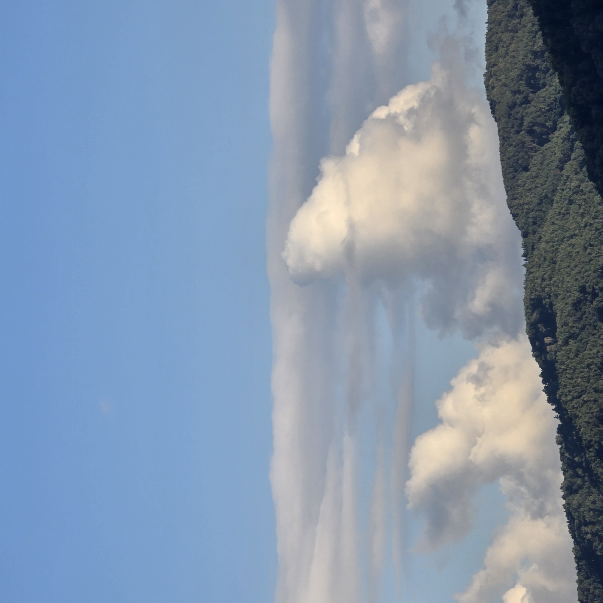 The image shows a vast blue sky with several white clouds. The clouds vary in density and shape, with some appearing as wispy streaks and others as large, puffy formations. A long, horizontal band of clouds stretches across the middle of the frame, with a more prominent, rounded cloud formation to the right. Below the sky and clouds, a densely forested mountain range is visible, with the trees appearing as a dark green carpet covering the slopes. The mountain ridge has an uneven contour, with some areas appearing darker due to shadows. The overall scene depicts a natural landscape, likely a mountainous region under a partly cloudy sky. The context provided places the scene in the city of Belokurikha, Russia.