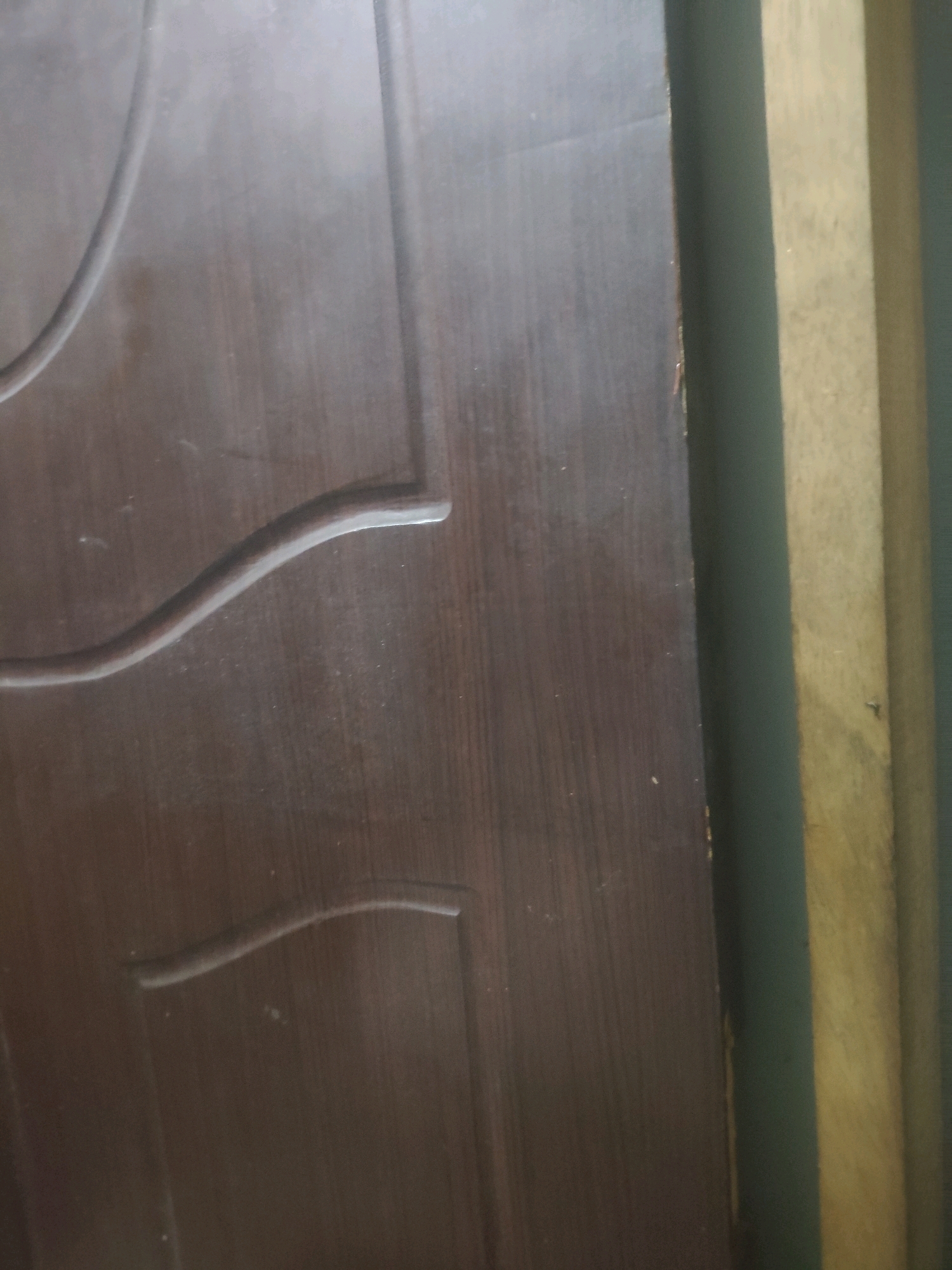 The image shows a close-up of a dark brown wooden door with embossed decorative panels. The door has a wood grain texture visible. To the right of the door, a sliver of a cream-colored vertical surface is visible, which appears to be a wall or another structural element. This location is in Sielmat, India, and it is likely an interior or exterior door in a building. No people or specific actions are depicted.