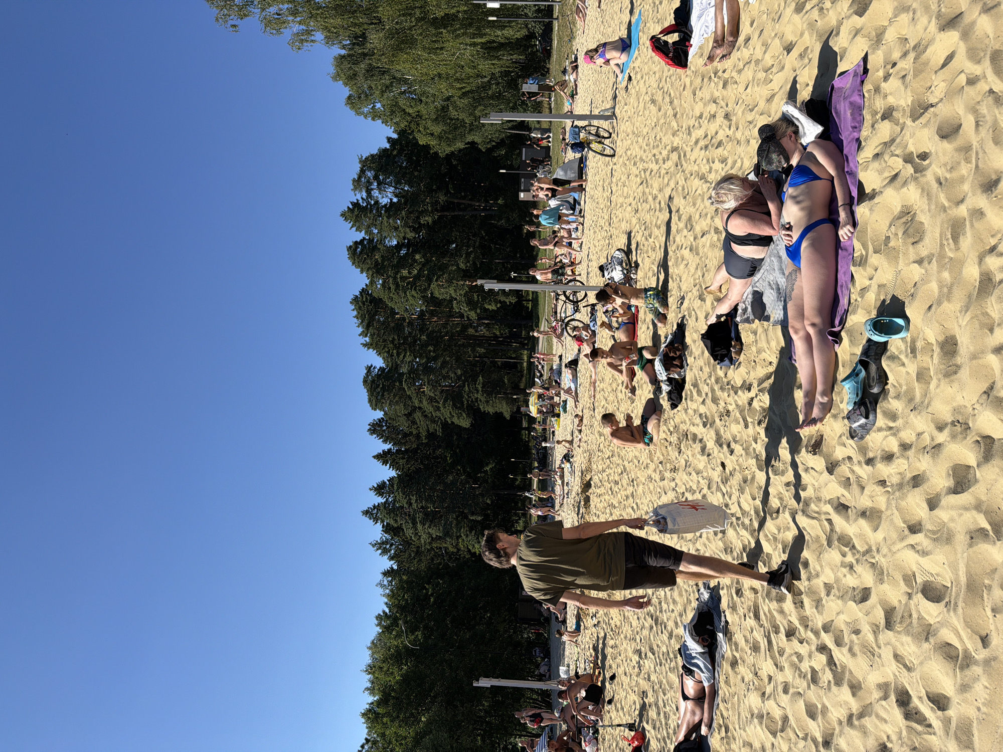 The image depicts a crowded sandy beach on a clear, sunny day, likely in Malakhovka, Russia, given the context. Numerous people are sunbathing, sitting, and walking on the beach. In the foreground, a man in a green t-shirt and dark shorts walks away from the camera, carrying a white shopping bag. Several individuals are lying on towels, some in swimwear. Others are seated or interacting in small groups. The background is dominated by a dense line of green trees, suggesting a natural setting. The beach is expansive, with clear sand stretching across the scene, and the sky is a vibrant blue. Some bicycles are visible, indicating recreational activities. The overall impression is a bustling summer day at a popular outdoor location.