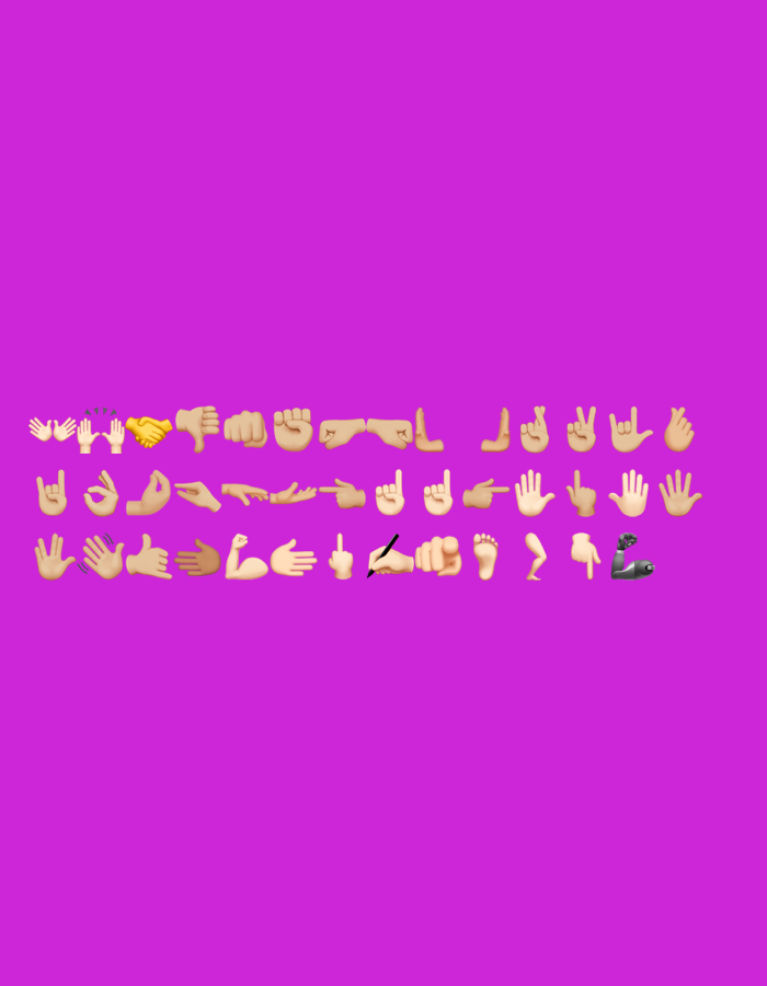 The image displays a uniformly solid magenta-purple background. Arranged horizontally in two distinct rows across the lower portion of the image are multiple three-dimensional emoji-style representations of human body parts and gestures.
The upper row contains approximately twenty-one individual emojis. These include two pairs of clapping or waving hands, a handshake, a thumbs-down gesture, several clenched fists viewed from various angles, different pointing fingers (left, right, and up), crossed fingers, a peace sign, a "rock on" hand gesture, and a Korean finger heart.
The lower row, positioned directly beneath the first, consists of approximately fifteen additional emojis. These depict open palms (some showing the back of the hand, others the palm), a thumbs-up gesture, an open hand with the thumb extended, a flexed bicep emoji, a middle finger gesture, a hand holding a writing pen, a human foot, a bent arm or leg, and a second flexed bicep (this one with a darker skin tone). Most of the emojis exhibit a light skin tone, with the handshake emoji showing one light and one slightly darker hand, and one of the flexed bicep emojis displaying a darker skin tone. The collection of emojis is presented in isolation against the plain background, without any additional environmental or contextual elements.