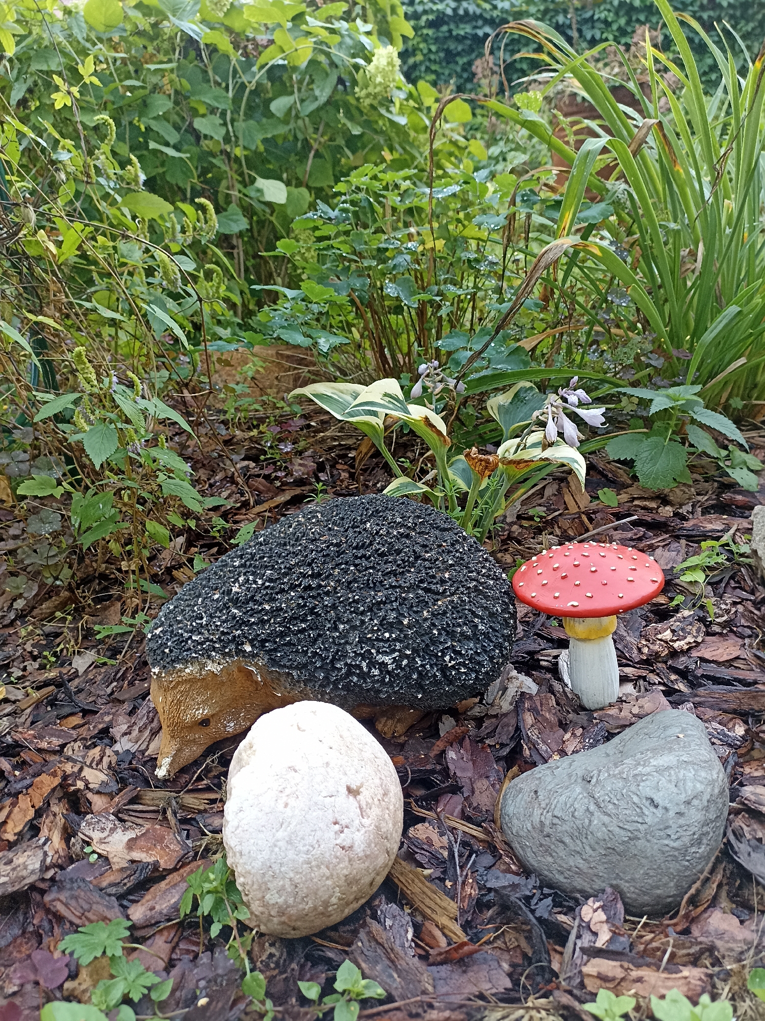 This is a close-up, ground-level photograph of a garden setting. In the foreground, arranged on a bed of wood chips and fallen leaves, are several decorative garden ornaments. These include a textured, dark gray, hedgehog-shaped ornament with a tan face and nose, and a red and white mushroom ornament with a yellow stem. To the left of the hedgehog is a large, light-colored, smooth, oval stone. To the right of the mushroom and in front of it is a gray, roughly textured, oblong stone. In the background, various green plants and foliage are visible, with some dry leaves and twigs scattered amongst them. The overall impression is a curated garden display with a whimsical, naturalistic theme. The location is identified as Mochische, Russia. There are no people or animals present in the image.