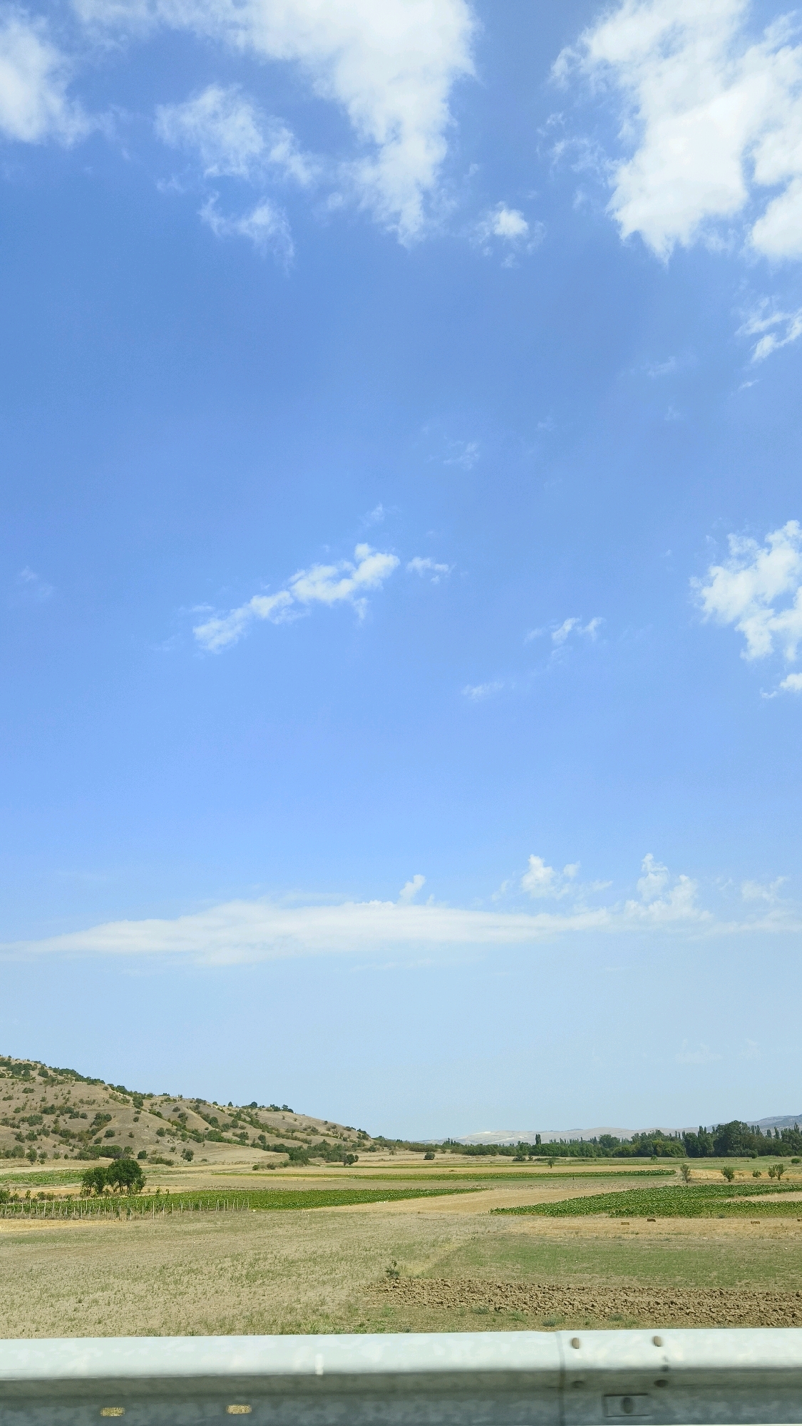 This is a vertical, eye-level, medium shot of a rural landscape under a bright blue sky with scattered white clouds, as seen from a vehicle in Sredno Konjari, North Macedonia. The foreground is dominated by a silver metal barrier, likely part of a highway or bridge. Beyond this barrier, a wide expanse of agricultural fields stretches towards a gently sloping, tree-dotted hill on the left and a line of trees in the distance on the right. The fields display a patchwork of colors, with areas of dry, golden grass, darker green crops, and some tilled soil. A row of thin, vertical posts marks a boundary in the middle ground. The sky takes up the majority of the frame, featuring soft, fluffy clouds against a clear blue expanse. The overall impression is one of a sunny day in the countryside.