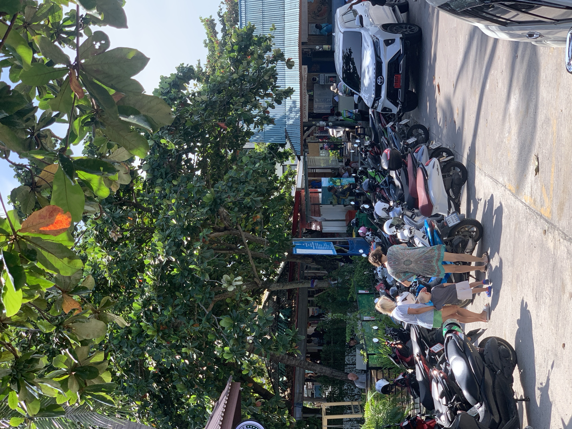 This image captures a scene in the city of Ko Samui District, Thailand, likely a beachside area given the tropical foliage and the presence of numerous motorbikes and a white SUV. In the foreground, a young boy in a grey t-shirt and white shorts stands between two women. One woman, with blonde hair, wears a light blue t-shirt and green shorts. The other woman is dressed in a patterned, short-sleeved dress. They appear to be interacting, possibly discussing something or observing the surroundings.
Behind them, a dense collection of motorbikes is parked on a concrete surface. These include various models and colors, suggesting a popular mode of transportation in the area. A white Toyota Fortuner SUV is parked to the right of the motorbikes. In the background, several low-rise buildings with corrugated metal roofs are visible, some appearing to be small shops or restaurants. People are seen inside and around these establishments. Overhanging the scene are the lush green leaves of large trees, with some leaves showing a reddish-brown hue, indicating their tropical environment. The sky is bright and clear, suggesting a sunny day.