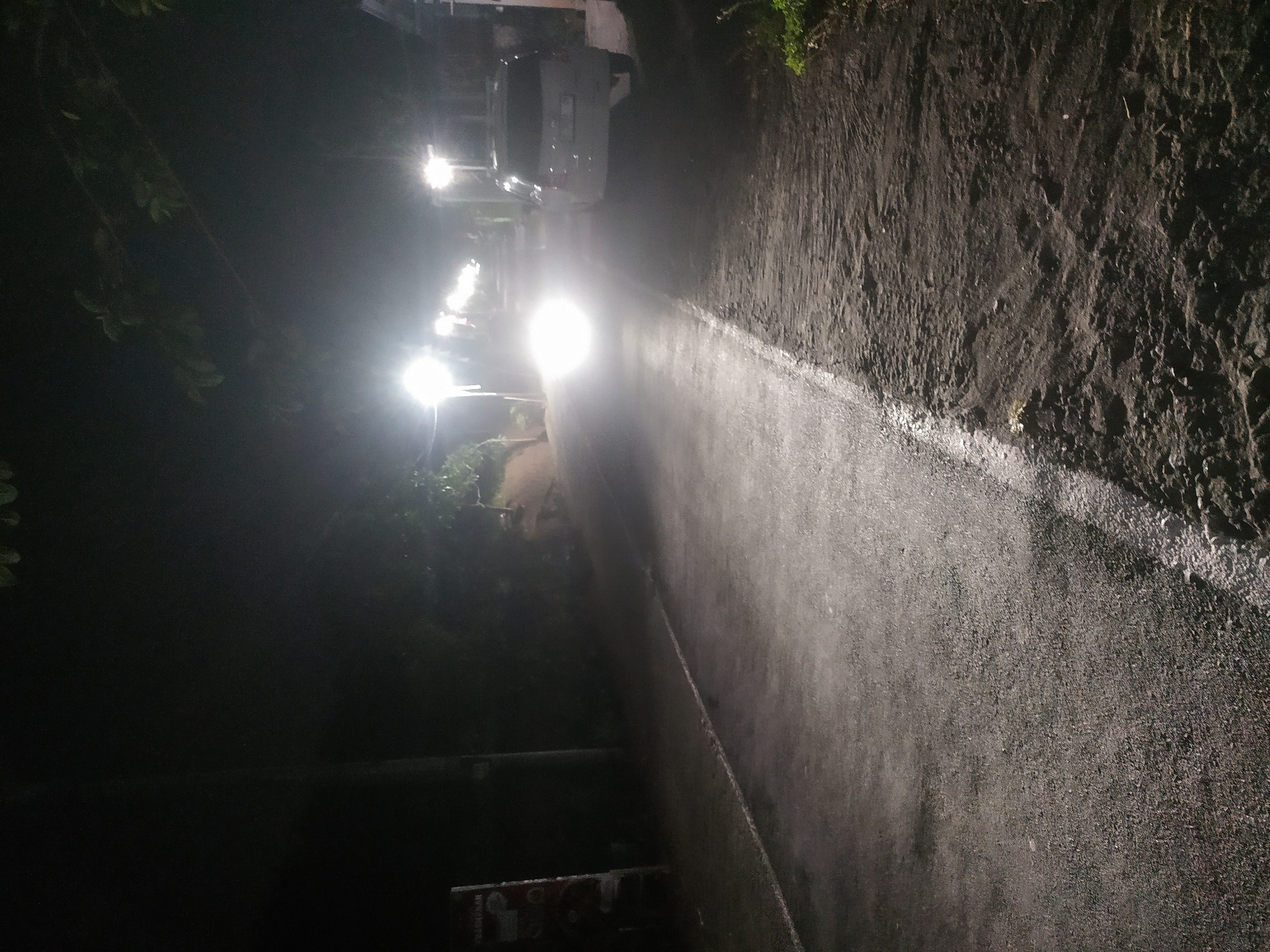 This is a nighttime street scene in Lopait, Indonesia. The asphalt road is wet and reflects the light from street lamps, creating a hazy, illuminated path. On the right side of the road, a white SUV is parked. The left side of the road features a dirt shoulder with some vegetation. Trees and foliage are visible in the background, partially obscured by darkness. The scene is lit by several streetlights, casting bright pools of light.