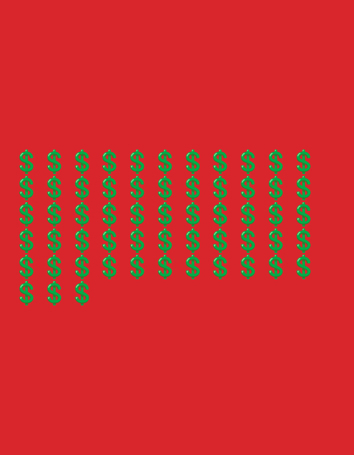 The image displays a uniform red background (RGB: 255, 0, 0). Positioned in the lower portion of the frame are 57 three-dimensional, glossy green dollar signs. These dollar signs are arranged in 10 vertical columns. The first nine columns from left to right each contain six dollar signs stacked vertically. The tenth and final column contains three dollar signs. The dollar signs are consistently sized and spaced, forming a rectangular block on the red field. There are no individuals, discernible actions, or environmental features indicative of a specific real-world location, including the city of Biliaivka, Ukraine.