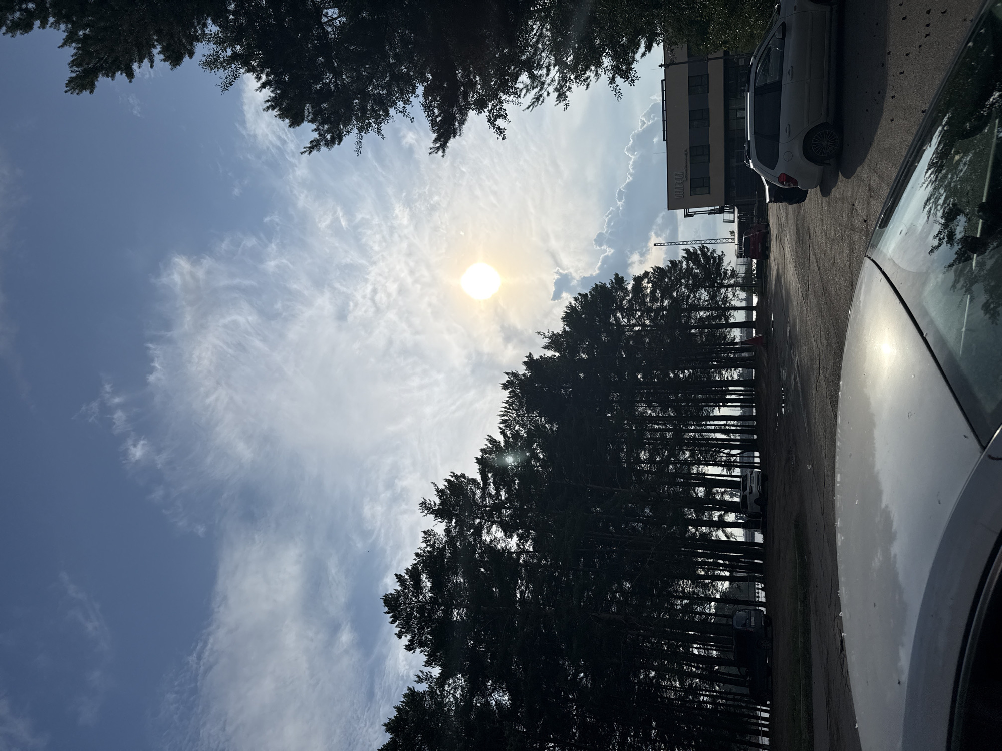 This is an outdoor, eye-level, slightly low-angle, daytime, medium shot. The scene is a paved area with several cars parked. In the foreground, the hood of a silver car is visible, reflecting the sky. Behind this car, a white station wagon is parked to the right, facing away from the camera. To the left of the station wagon, a darker vehicle is parked.
Beyond the cars, a dense line of tall, dark green pine trees forms a backdrop, their silhouettes sharply defined against the bright sky. The sun, a bright, yellow orb, is positioned in the upper center of the frame, partially obscured by wispy, white clouds. Some of these clouds are thicker and puffier, particularly below the sun.
In the distance, a modern, multi-story building with a light-colored facade and dark windows stands to the right of the trees. A tall, metallic structure resembling a communication tower or crane is visible behind the trees and to the left of the building. The ground appears to be a dark, asphalt surface, with some scattered debris. The overall lighting suggests a sunny day with a high sun. The location is an unknown city in an unknown place.