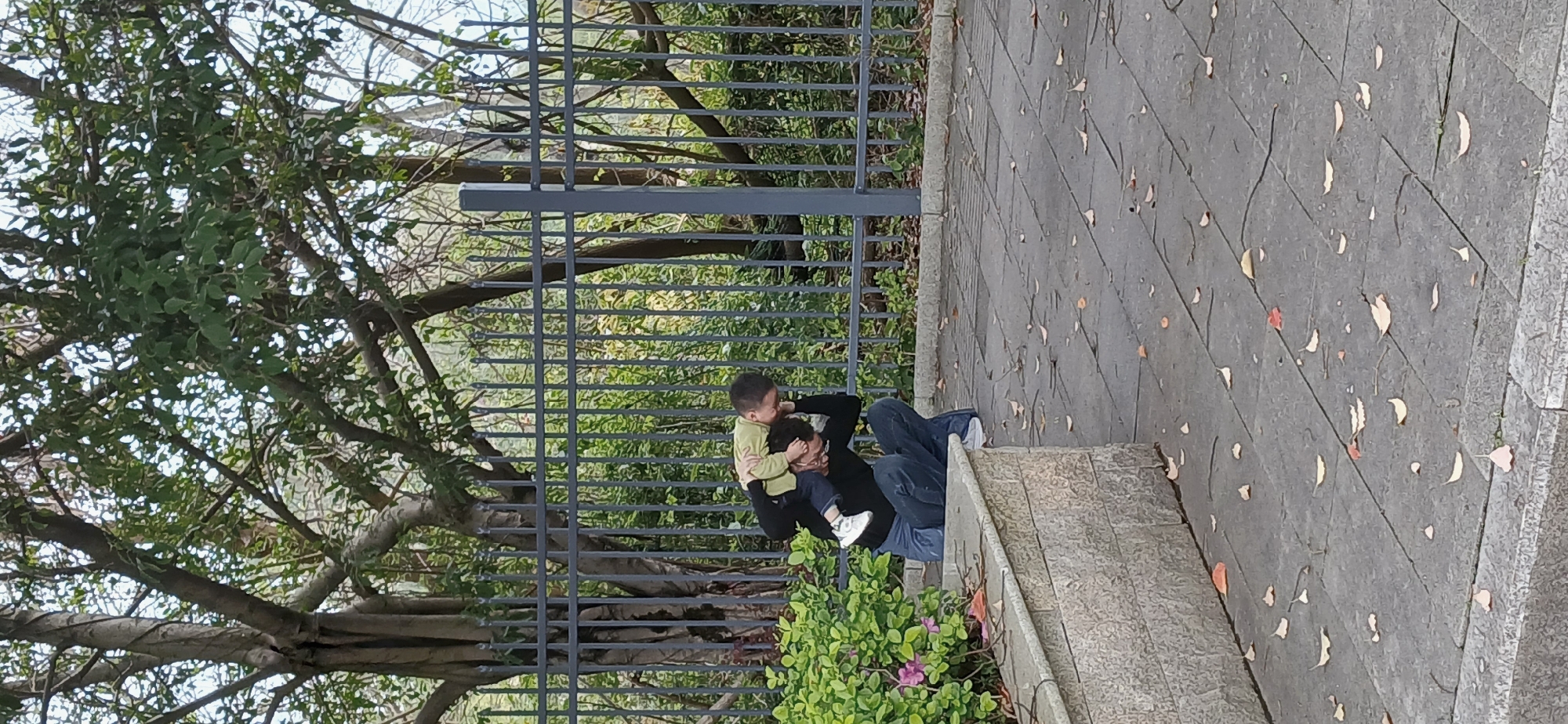 A photograph taken in Chongqing High-tech Zone, China, shows a person sitting against a metal fence with a young child clinging to them. The individual appears to be wearing dark-colored clothing and blue jeans, and is wearing glasses, is seated on a stone step next to the fence. The child, dressed in a light-green shirt and dark pants, is being held by the person. Behind the fence is a tree with visible branches and foliage. To the right of the frame is a stone walkway or steps, scattered with fallen leaves.
