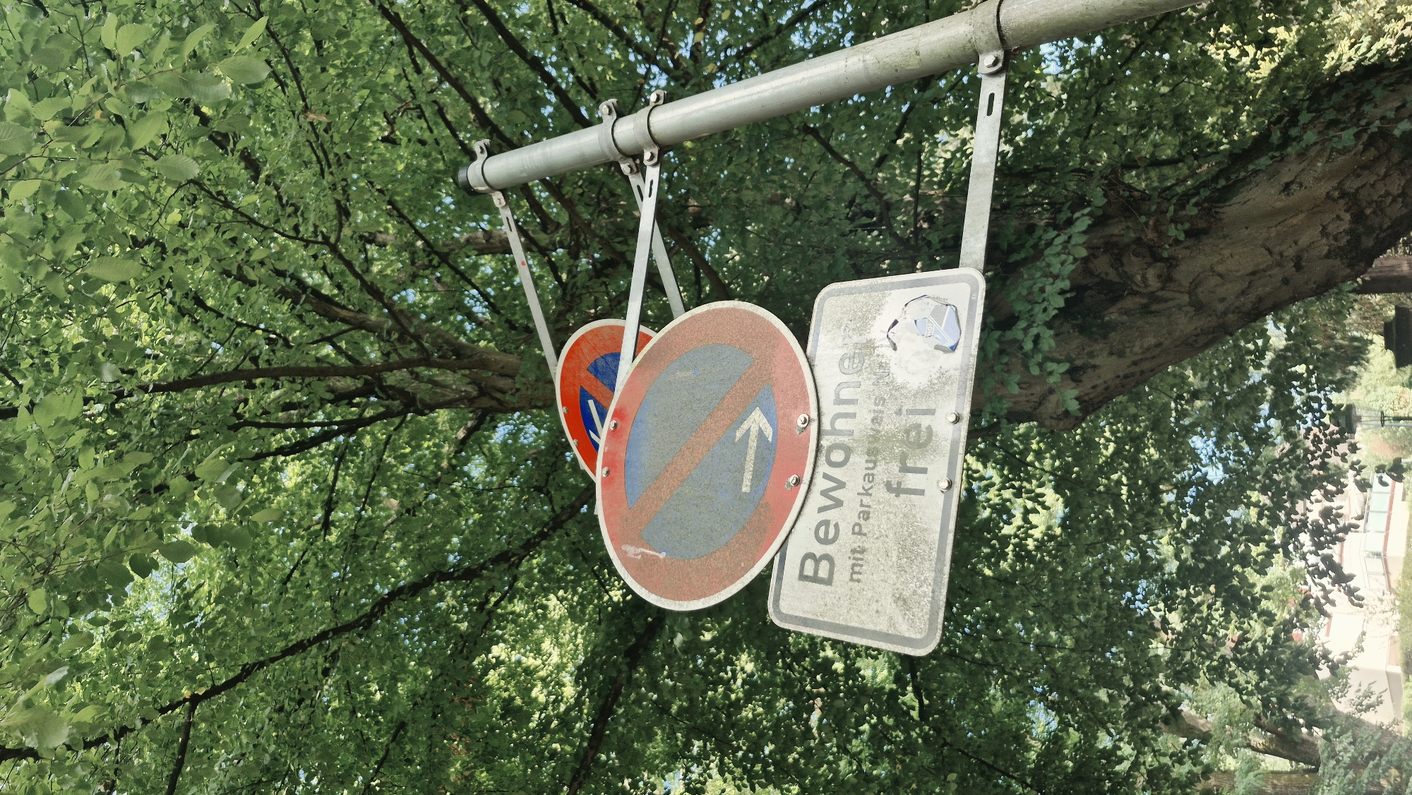 The image shows a metal pole with three signs attached, mounted on a street with a large tree providing a green canopy overhead. The topmost sign is circular with a blue background and a red border, featuring a red diagonal line and a red horizontal line, indicating a prohibition. The middle sign is also circular, with a red border and a blue inner circle. It has a red diagonal line and an arrow pointing to the right, signifying no parking except for a specific direction. The bottom sign is rectangular and weathered, with white text on a gray background. The text reads "Bewohner mit Parkausweis N" above the word "frei". This translates to "Residents with parking permit N" and "free". There is a sticker on the bottom right of this sign. The background consists of lush green leaves of a large tree, with glimpses of blue sky and buildings in the distance. The overall scene suggests a street in Baden-Baden, Germany, where parking is regulated and residents with specific permits may have designated free parking areas.