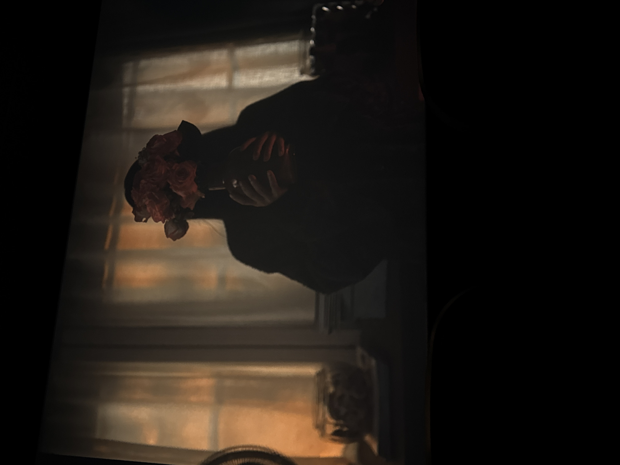A person stands in a dimly lit room, holding a bouquet of red roses in their hands. Behind them is a window with a warm, filtered light suggesting either sunrise or sunset. A partial view of what appears to be a fan is visible at the bottom of the image, as well as another obscured object next to it, possibly another figure or decoration. Given the architectural style and overall atmosphere, I cannot provide a specific location in the city of Puebla, Mexico.