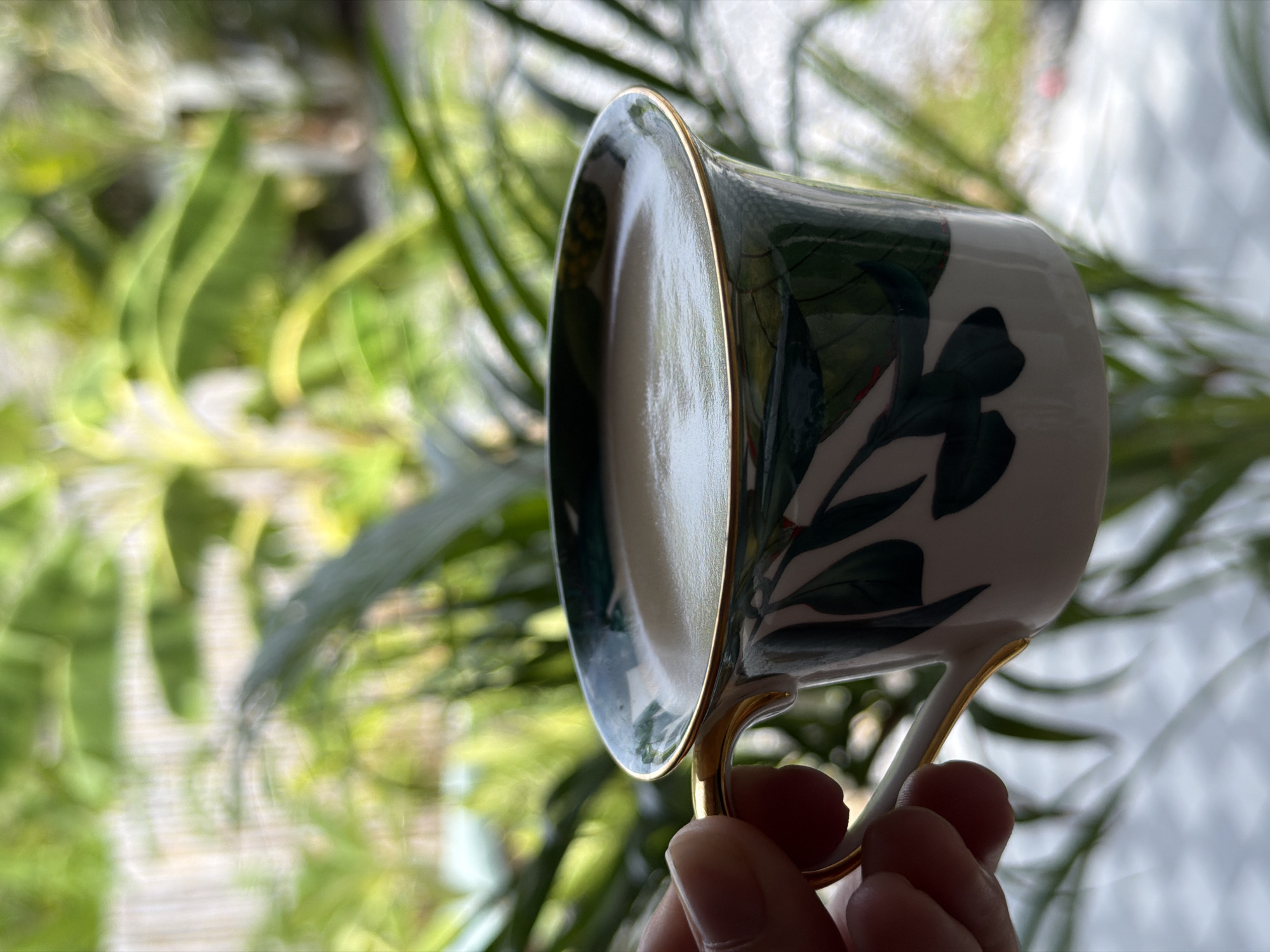 A hand holds a white ceramic teacup with a gold rim and a green leaf pattern against a blurred background of lush greenery and what appears to be a fence. The teacup is filled with a light-colored beverage, possibly coffee or tea. The scene suggests a tranquil setting, likely an outdoor cafe or a balcony overlooking a garden. The lighting indicates it is daytime, with soft, diffused light. The background greenery, possibly from banana trees or similar tropical foliage, is characteristic of the lush vegetation found in places like Koh Samui District, Thailand, where outdoor dining and relaxation are common. The overall impression is one of calm and enjoyment of a beverage in a natural, tropical environment.