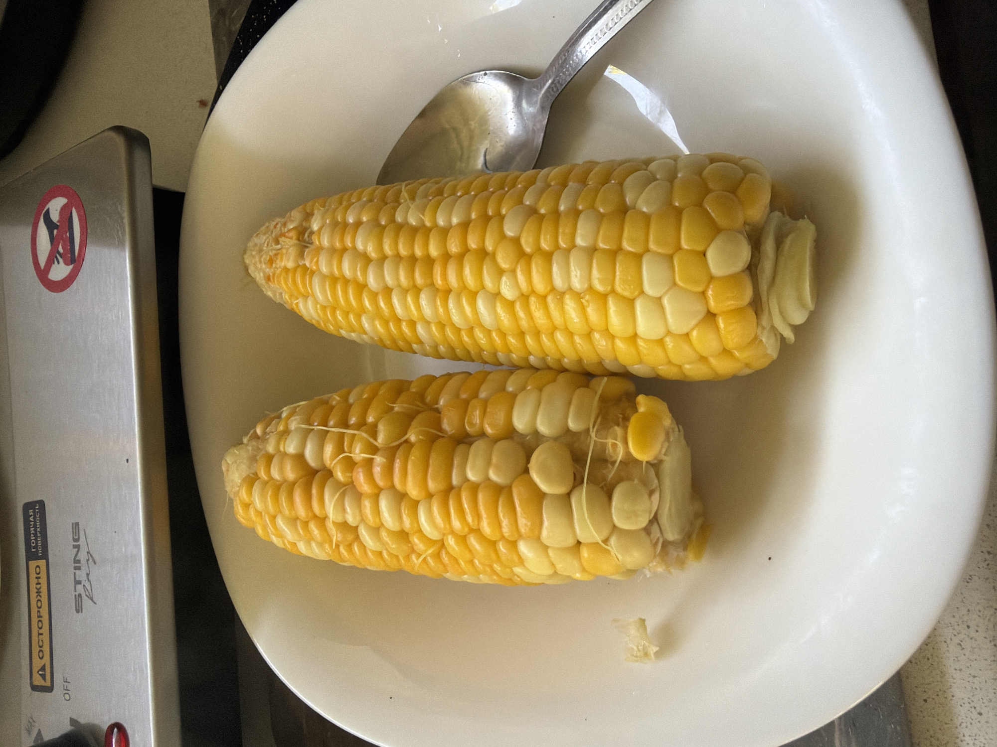 Two cobs of corn, one to the left and one to the right, are presented on a white plate. The corn is a mix of yellow and white kernels. A silver spoon rests to the right of the corn, partially on the plate. In the background, a metallic appliance with warning labels is visible. The appliance has "STING Ray" written on it. One label shows a yellow triangle with a black exclamation mark and Russian text that reads "ОСТОРОЖНО ГОРЯЧАЯ ПОВЕРХНОСТЬ" (CAUTION HOT SURFACE). Another label is a red circle with a black diagonal line over a drawing of what appears to be a person touching the surface. The scene is indoors, with a tiled countertop visible below the appliance and plate. The city of Leningradskaya, Russia, is not explicitly depicted or suggested by the visual information in the image.