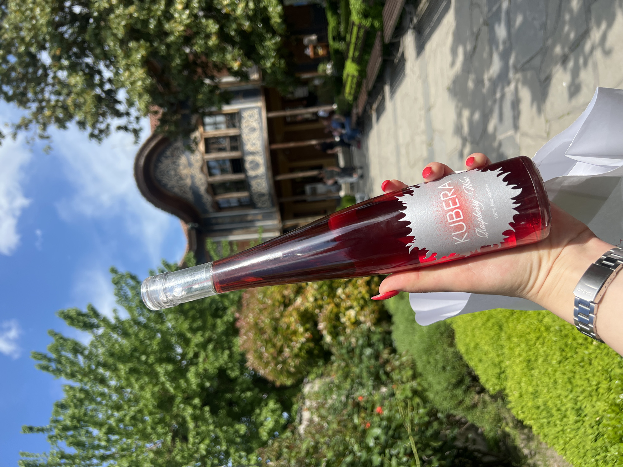 Here is a description of the image:
A person with red fingernails holds a bottle of "Kubera Raspberry Wine" against a backdrop of a building and greenery, likely in a park or garden setting. The bottle is predominantly red with a silver label and a clear top. The person wears a silver watch on their left wrist.
The background includes a building with intricate architectural details, likely a historical landmark. The greenery consists of trees, bushes, and other vegetation.
The building in the background is the Ethnographic Museum in Plovdiv, Bulgaria.