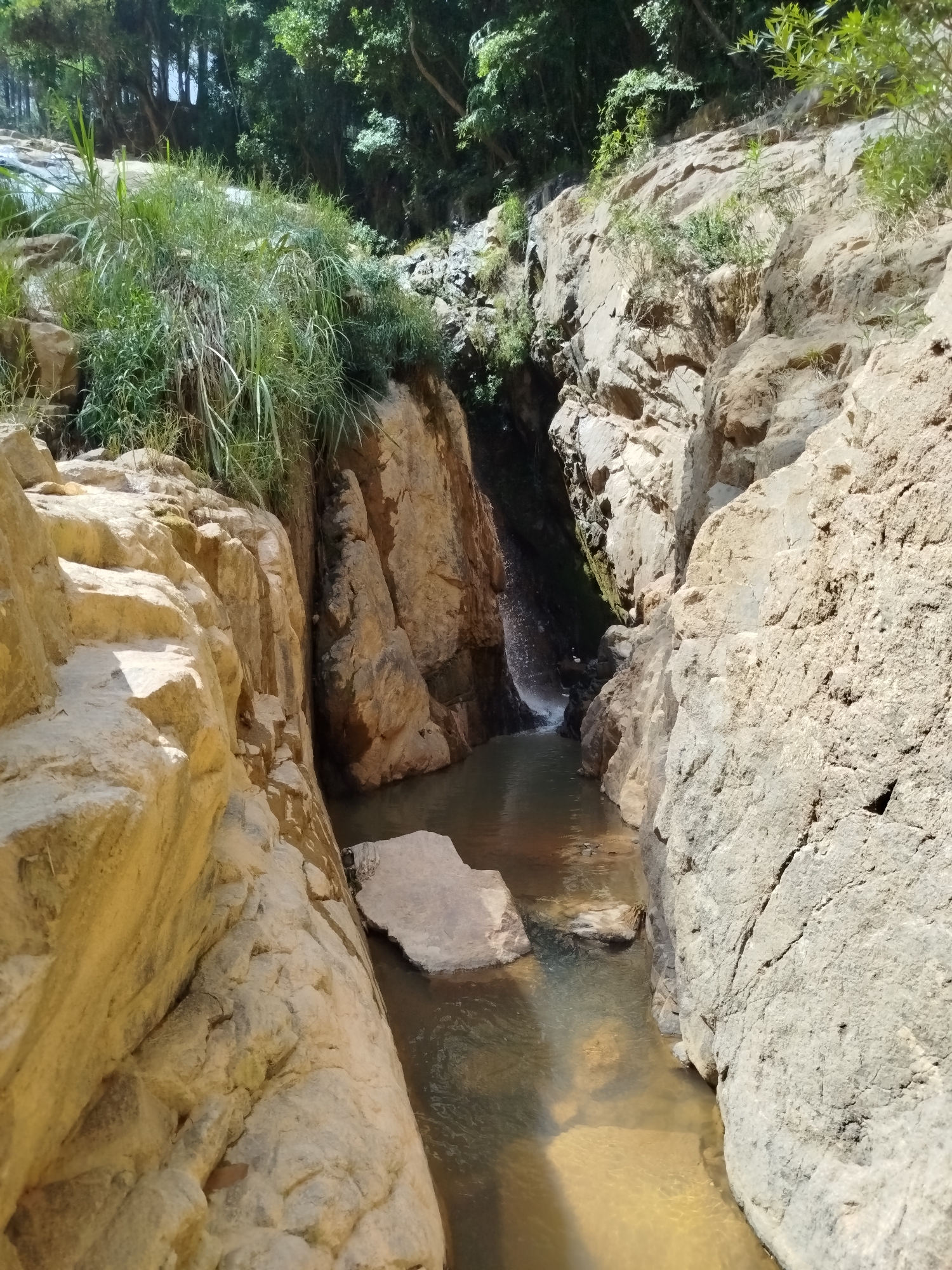 The image depicts a narrow, rocky gorge in Đa Thọ, Vietnam. Water flows through the gorge, with a small waterfall visible in the background. The banks are composed of light-colored rocks, and there is some greenery. The water appears clear, and the overall scene is natural and rugged.